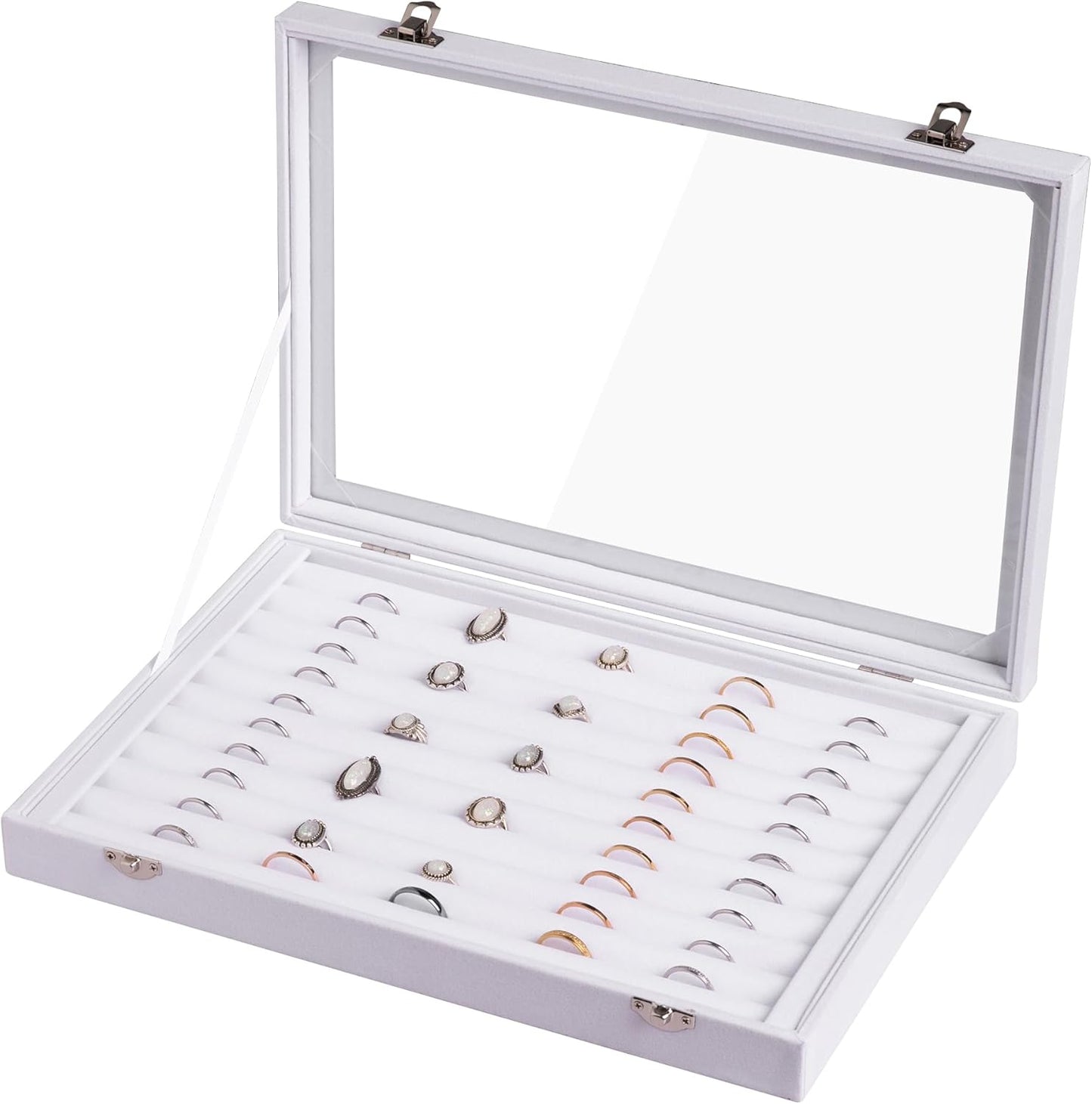 Frebeauty Rings/Earrings Organizer Tray with Clear Lid 10 Slots Velvet Drawer Insert Jewelry Storage box Transparent Glass lid Jewelry Display Case Showcase Gift for Girls Women (White, 10 Slots)