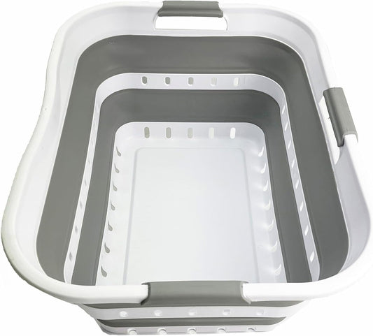 SAMMART 42L (11 gallon) Collapsible Plastic Laundry Basket - Foldable Pop Up Storage Container/Organizer - Space Saving Hamper/Basket (1, Grey/White)