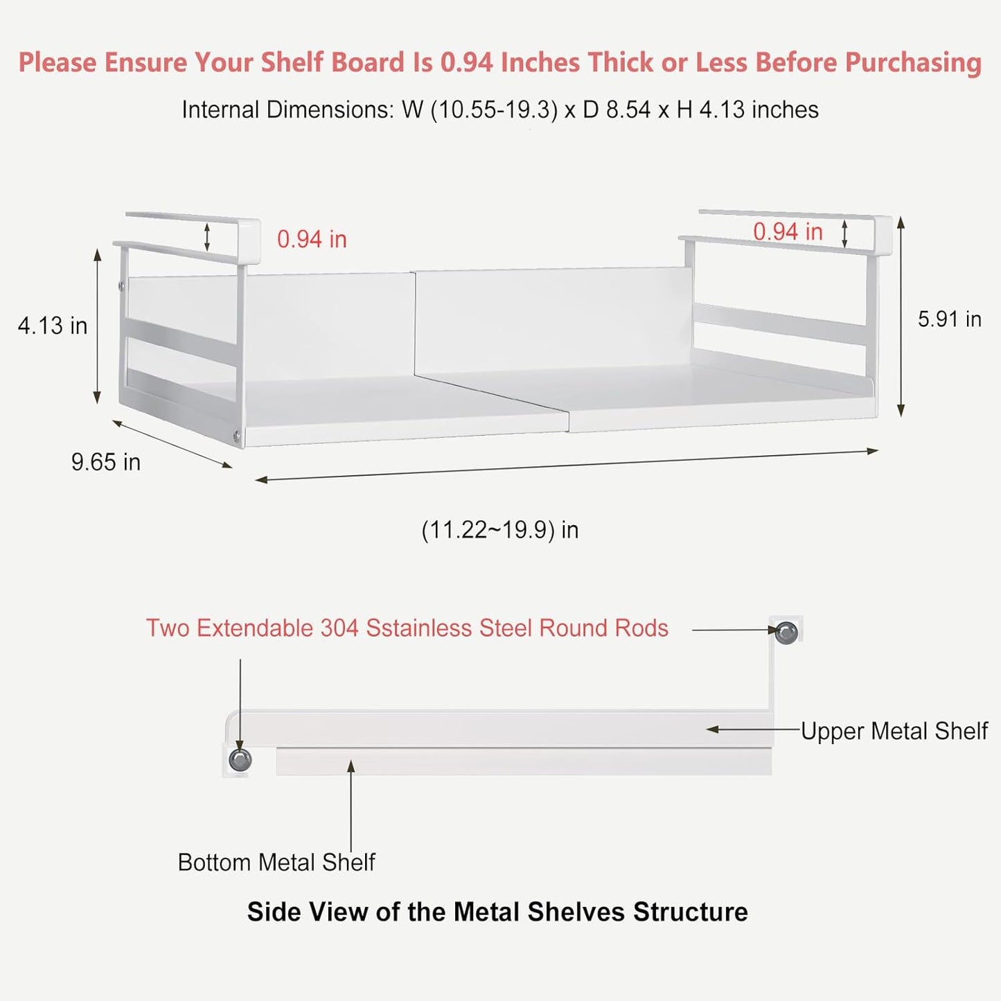 Expandable Under Cabinet Shelf Organizer with 0.94-Inch Thick Clips, Heavy Duty Extendable Under Shelf Storage Basket for Pantry or Laundry Room, White, 1 Pack, Interior: 4.13" H x 8.54" D