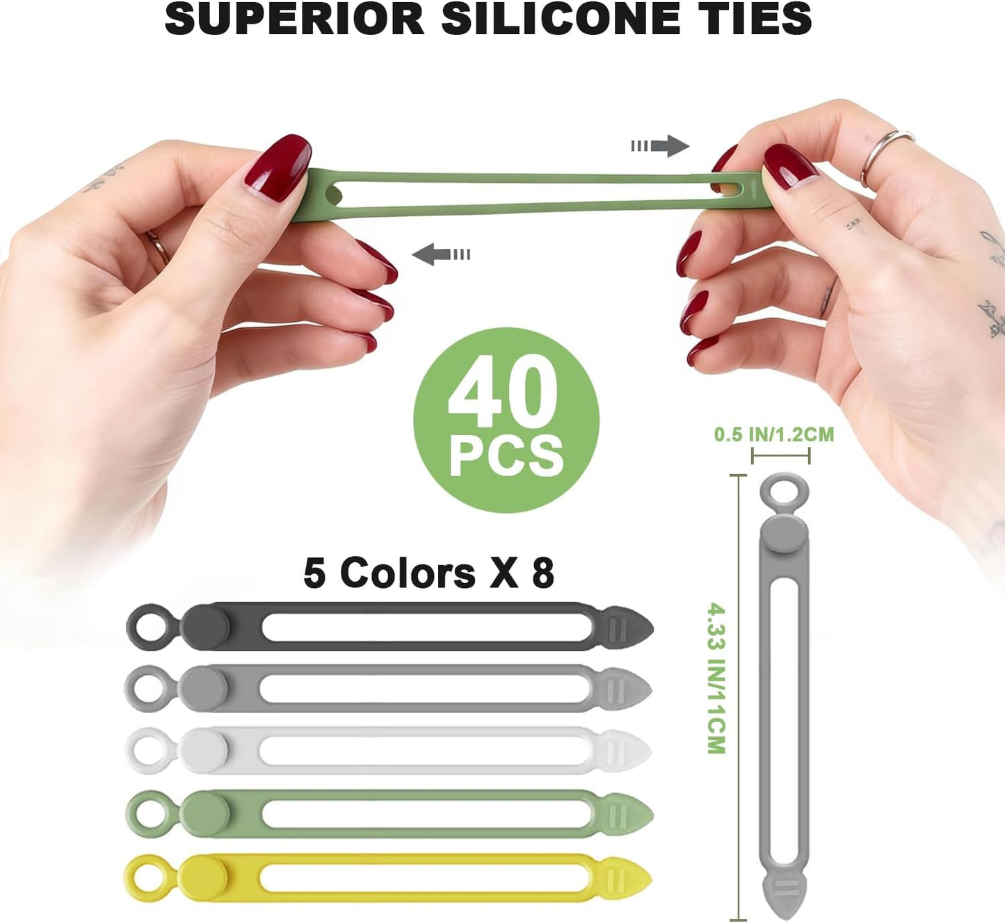 40Pcs Silicone Cable Ties with Box, Reusable Cord Organizer Rope, Elastic Cord Ties for Electronics, Essentials Straps Wires for Fastening Home Office Kitchen Travel Appliances