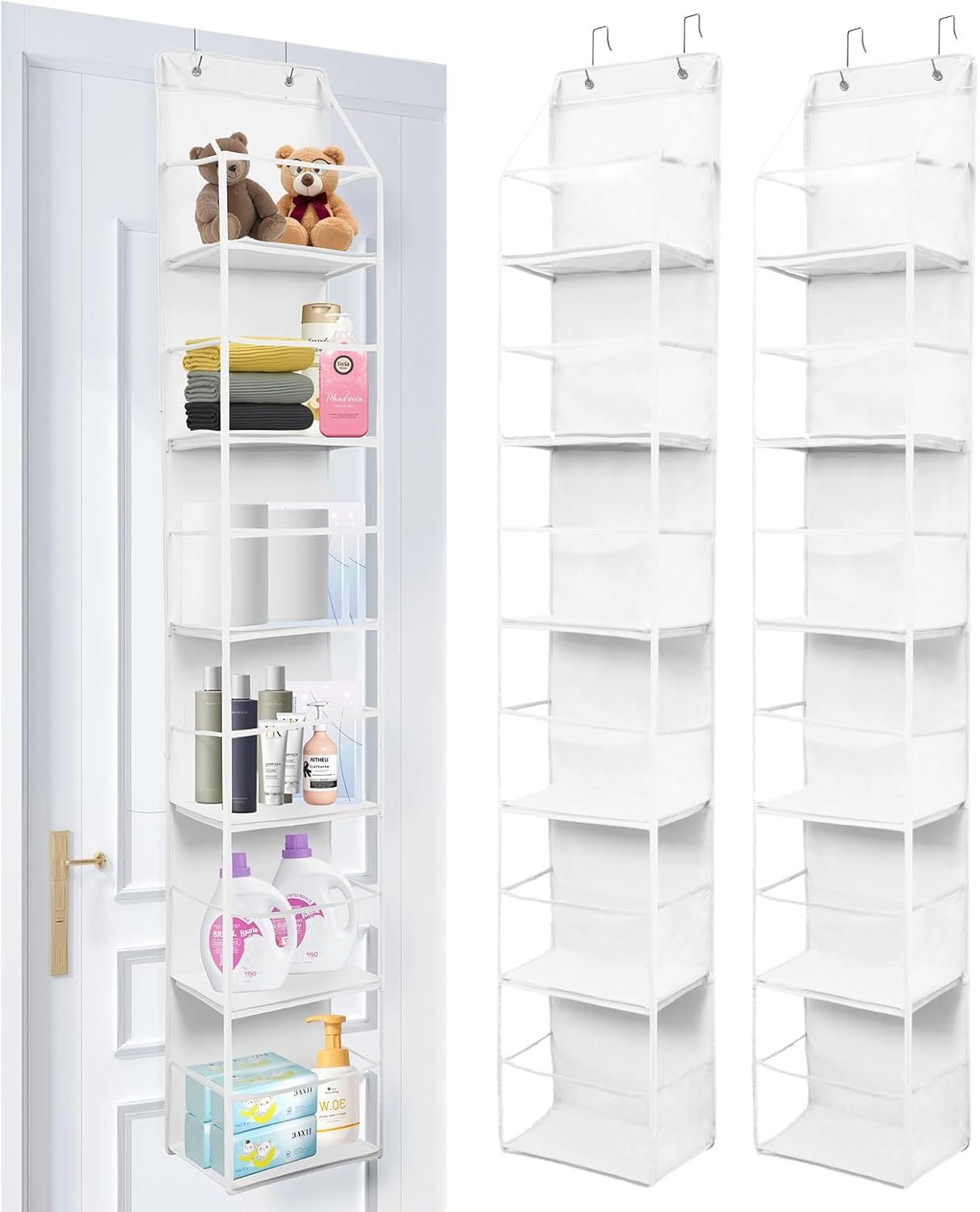 2 Packs Over The Door Organizer - 6-Shelf Hanging Storage Organizer with Clear Plastic Pockets - Large Capacity Pantry Storage Shelf for Bathroom, Bedroom, Nursery (White)