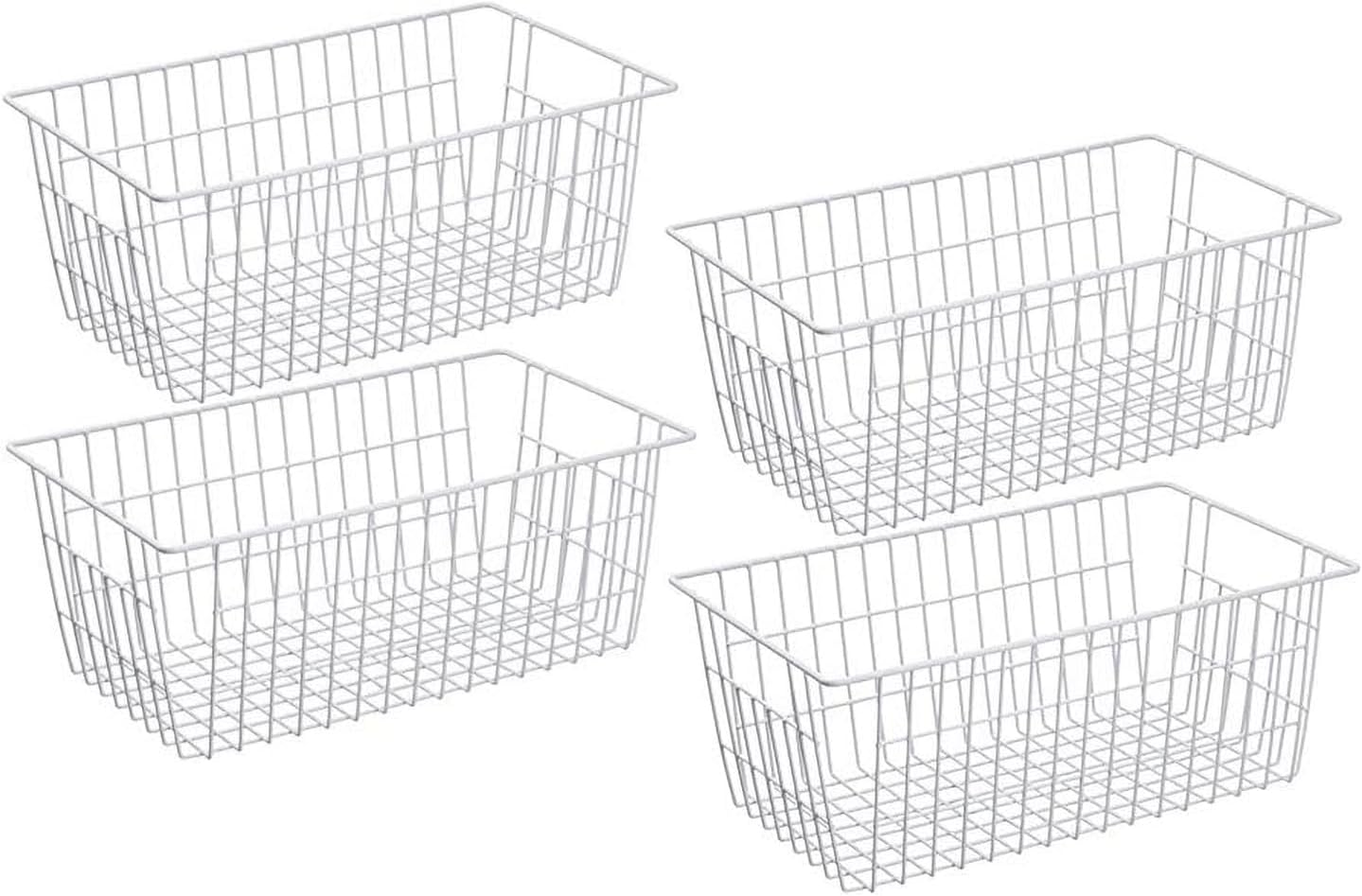Wire Storage Basket Freezer Organizer Bins Food Storage Metal Baskets with Handles Pantry Organizer for Kitchen Freezer Cabinets Closet Bedroom Bathroom,Set of 4,White