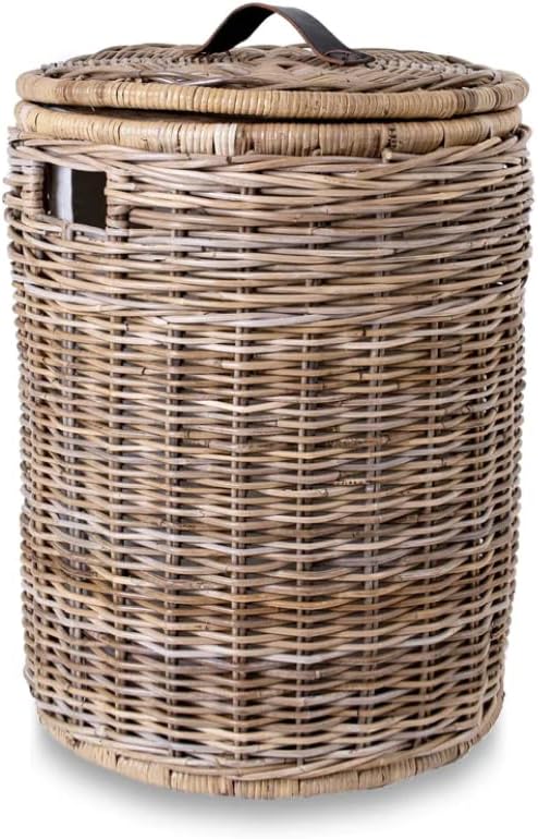 The Basket Lady Round Wicker Laundry Hamper, Large, 19 in Dia x 25 in H, Serene Grey…