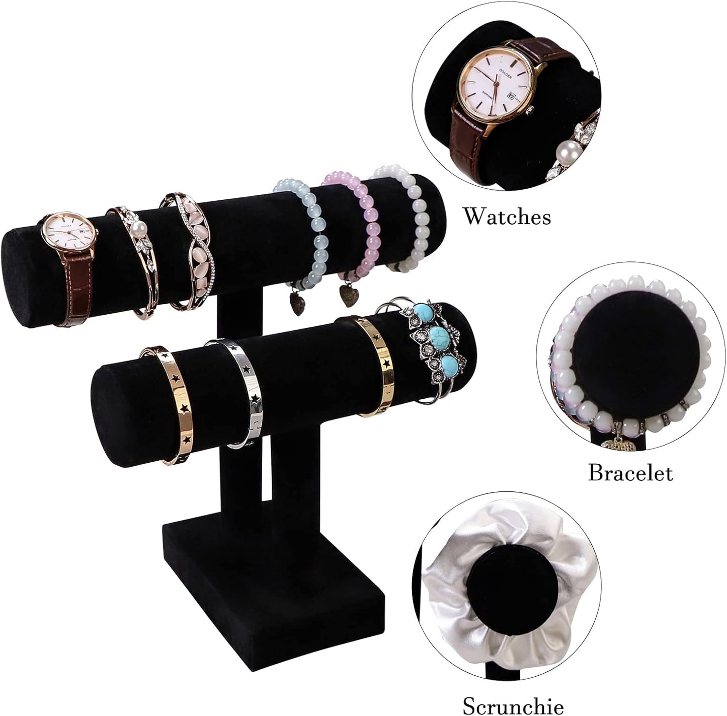 Wudygirl Velvet Bracelet Holder2 Tie Jewelry Stand Jewelry Holder Organizer for Bracelets Watches Necklaces Gift for Girl Women（Black 2 Tie）