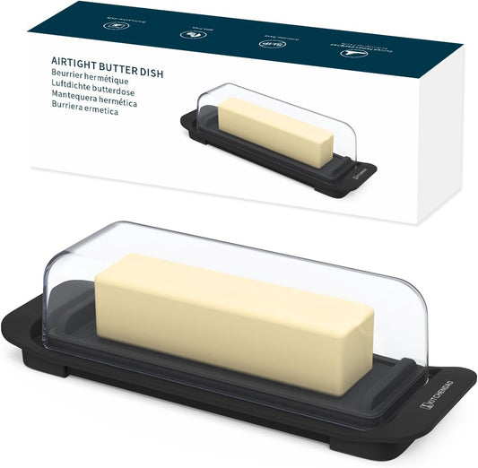 KITCHENDAO Airtight Butter Dish with Lid for Countertop and Refrigerator Door Shelf, Butter Keeper, Plastic Butter Holder Tray Container for West/East Coast Butter, Black