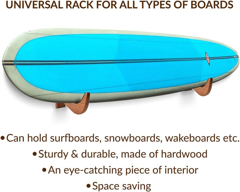 TESLYAR Surfboard Wall Mount – Wooden Surfboard Rack for Wall Storage – Solid Wood Hooks for Surfboard, Snowboard, Paddle Board & Wakeboard – Wave Style
