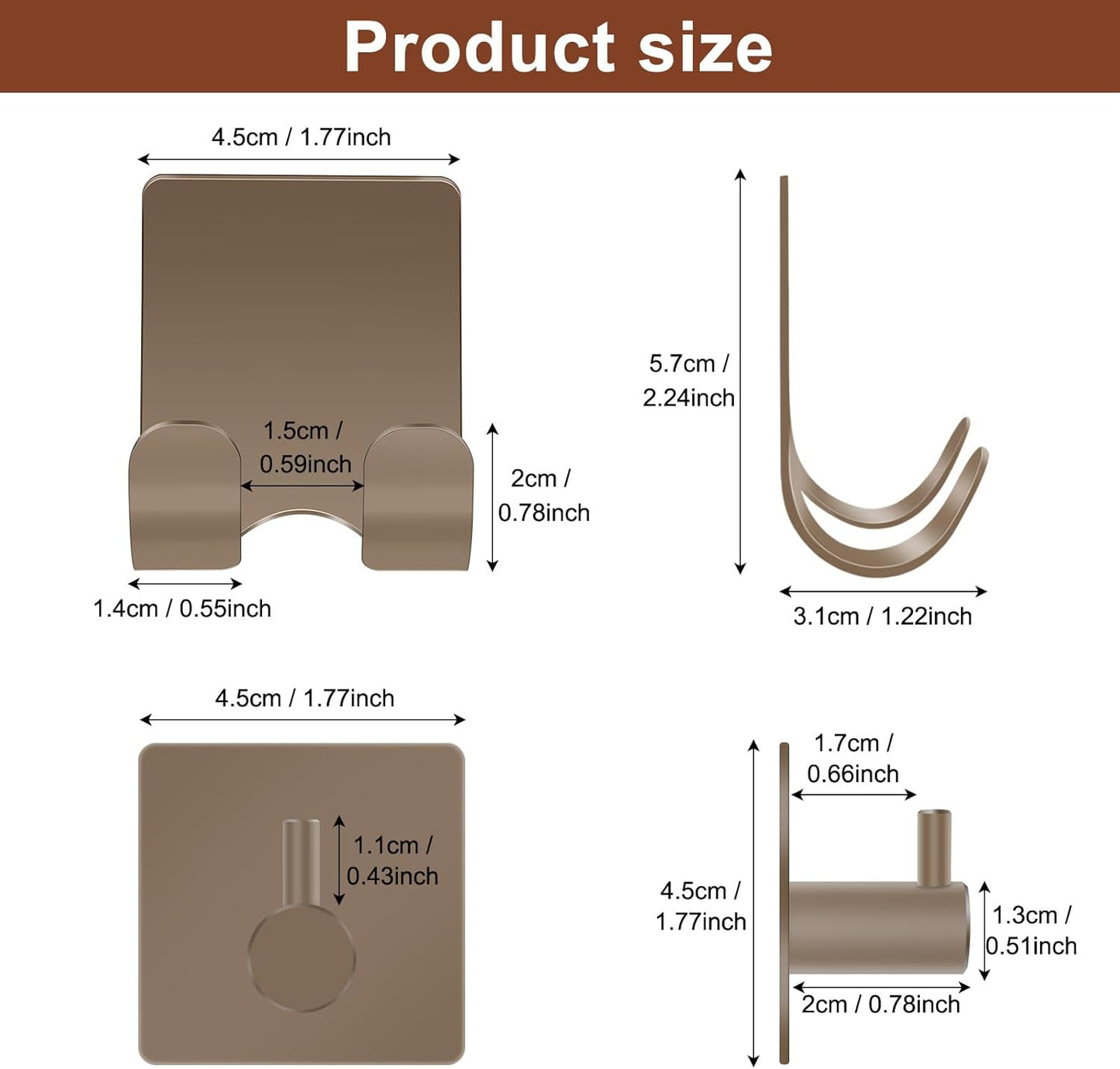 CGBE 4 Pack Shower Hooks - Self Adhesive Shaver Holder Hanger for Bathroom, Damage Free Wall Hooks for Razor, Loofah Sponge - Brown