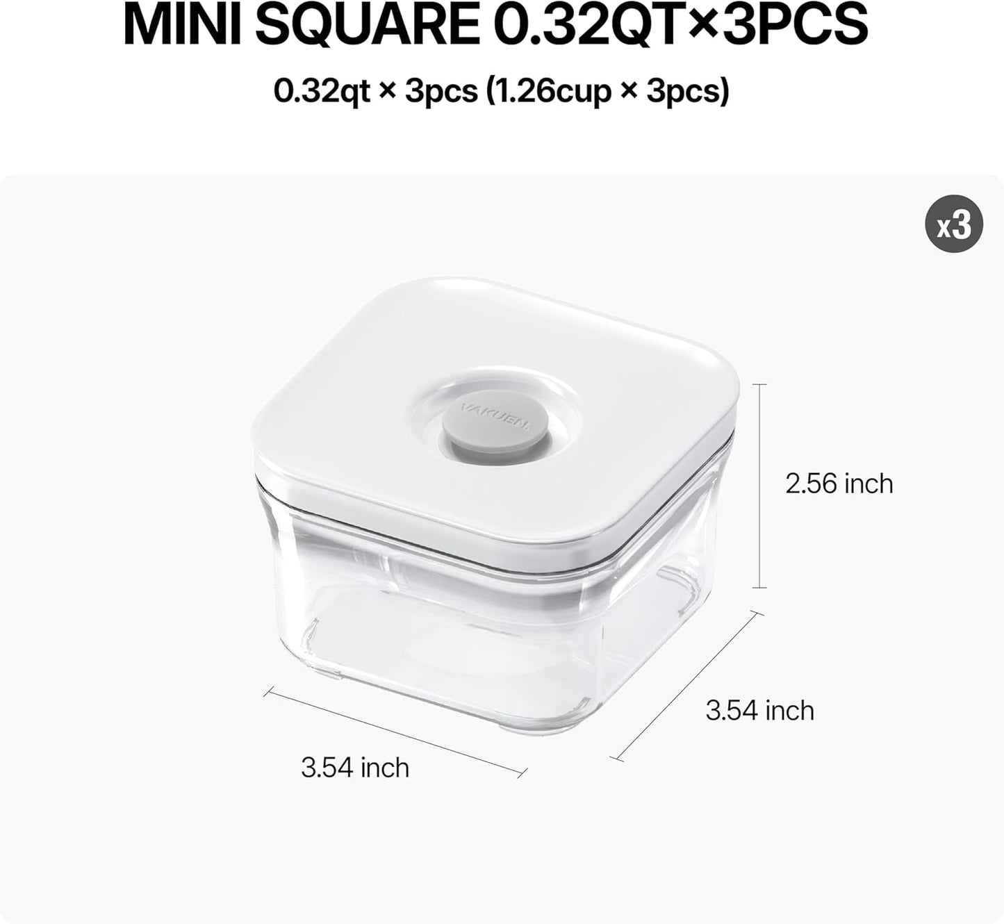 VAKUEN Premium Airtight Food Storage Containers, Mini Square 3pc/set(0.32qt), Smart One-Click Seal Lid, No Hinges, 100% Leak Proof, BPA-FREE, Dishwasher, Freezer & Microwave Safe