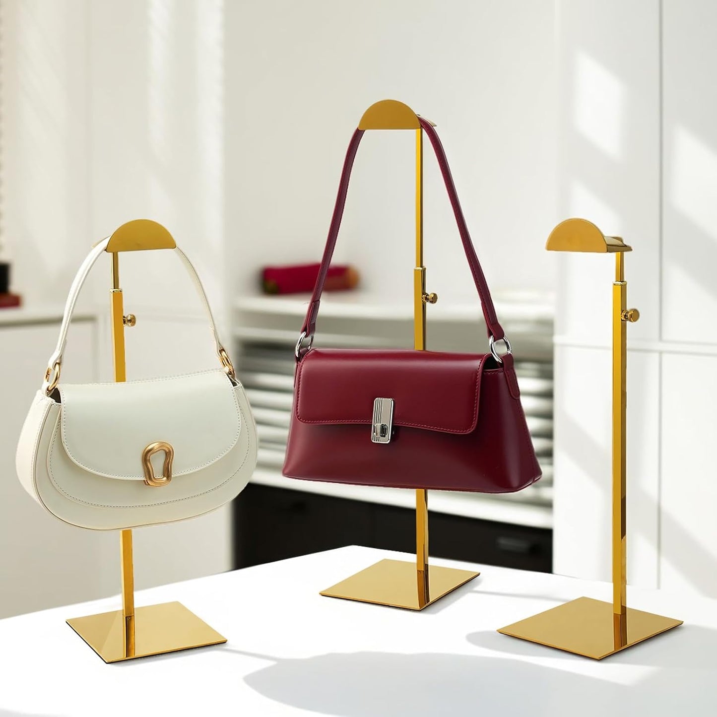 Purse Display Stands - 3PCS Stainless Steels Purse Stand Holder Adjustable Height Purse Display for Retail Luxury Bag Organizer Home Store Boutique Retail Closet Gold Color