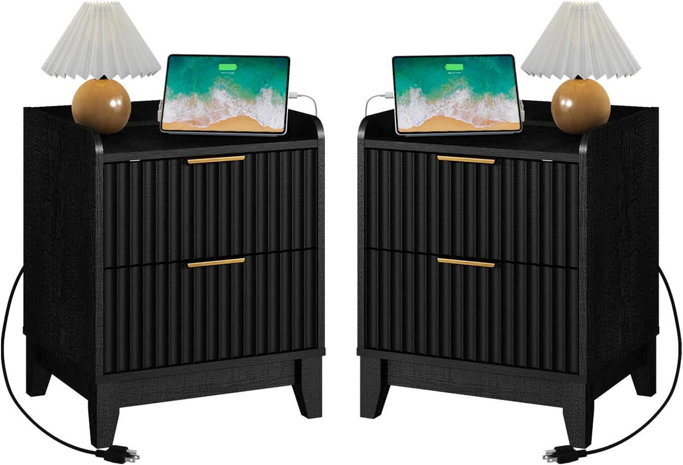 Wnutrees Fluted Nightstand with Charging Station, Modern Bedside Table with 2 Drawers, Farmhouse Wooden End Side Table Living Room, 2 Pack, Black