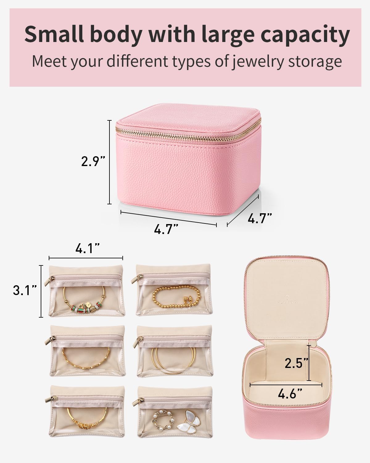 Vlando Travel Jewelry Box for Women,Faux Leather Jewelry Case with 6 Velvet Jewelry Zipper Pockets,Gift Ideas for Women Wife Earrings Necklace Rings Storage Boxes(Strawberry Pink)