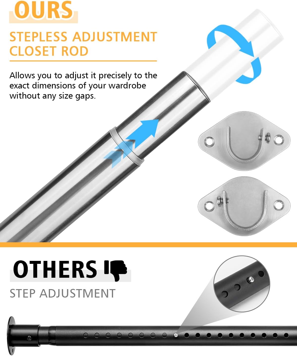 Closet Rod, 17 to 76 Inch Heavy Duty Adjustable Metal Clothing Rack for Hanging Clothes, Closet Poles for Wardrobes, Laundry, Durable Steel, Silver