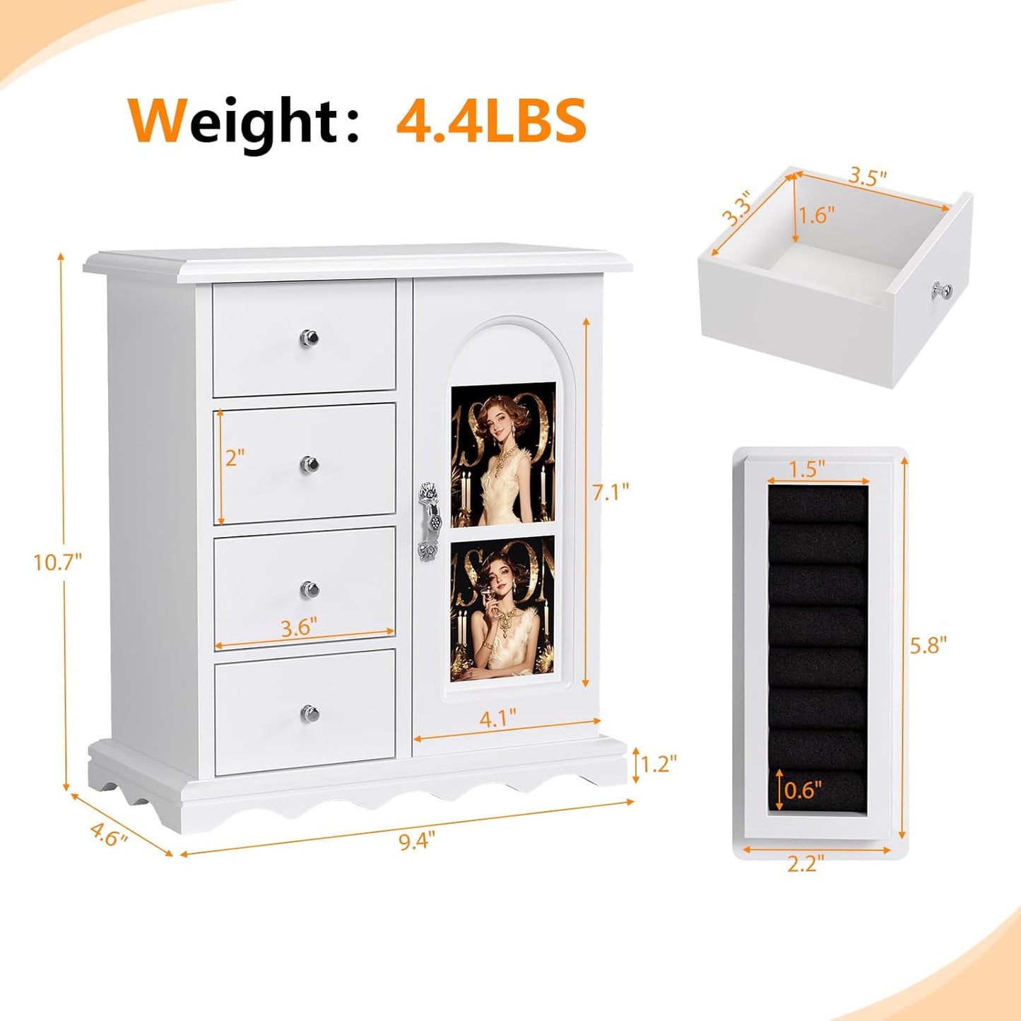 Bonnlo Small Jewelry Box Organizer with Photo Frame Door & Velvet Ring Holder, French Style Jewelry Storage Case with Rotating Necklace Hooks & Drawers, White,9.5" W*4.75" D*10.75" H