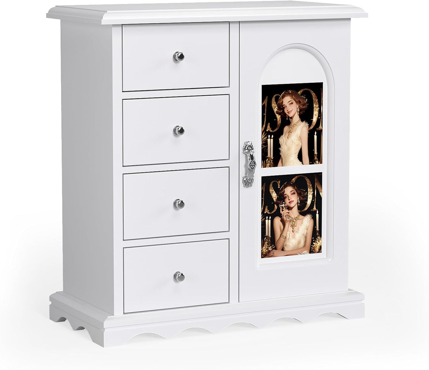 Bonnlo Small Jewelry Box Organizer with Photo Frame Door & Velvet Ring Holder, French Style Jewelry Storage Case with Rotating Necklace Hooks & Drawers, White,9.5" W*4.75" D*10.75" H