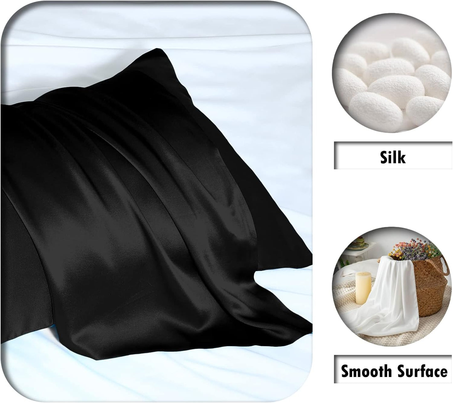 Natural Mulberry Silk Pillowcase for Hair and Skin Queen Size 20"X30" Silk Pillow Case with Hidden Zipper Soft Breathable Smooth Cooling Silk Pillow Covers for Sleeping(Black,Queen,1Pcs)