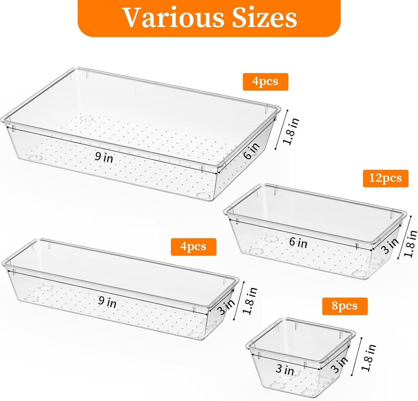 32 PCS Clear Plastic Drawer Organizer Set, 4-Size vanity organizer Trays and Storage Bins for Makeup, Jewelry and Gadgets in Bedroom, Bathroom and Office, Clear