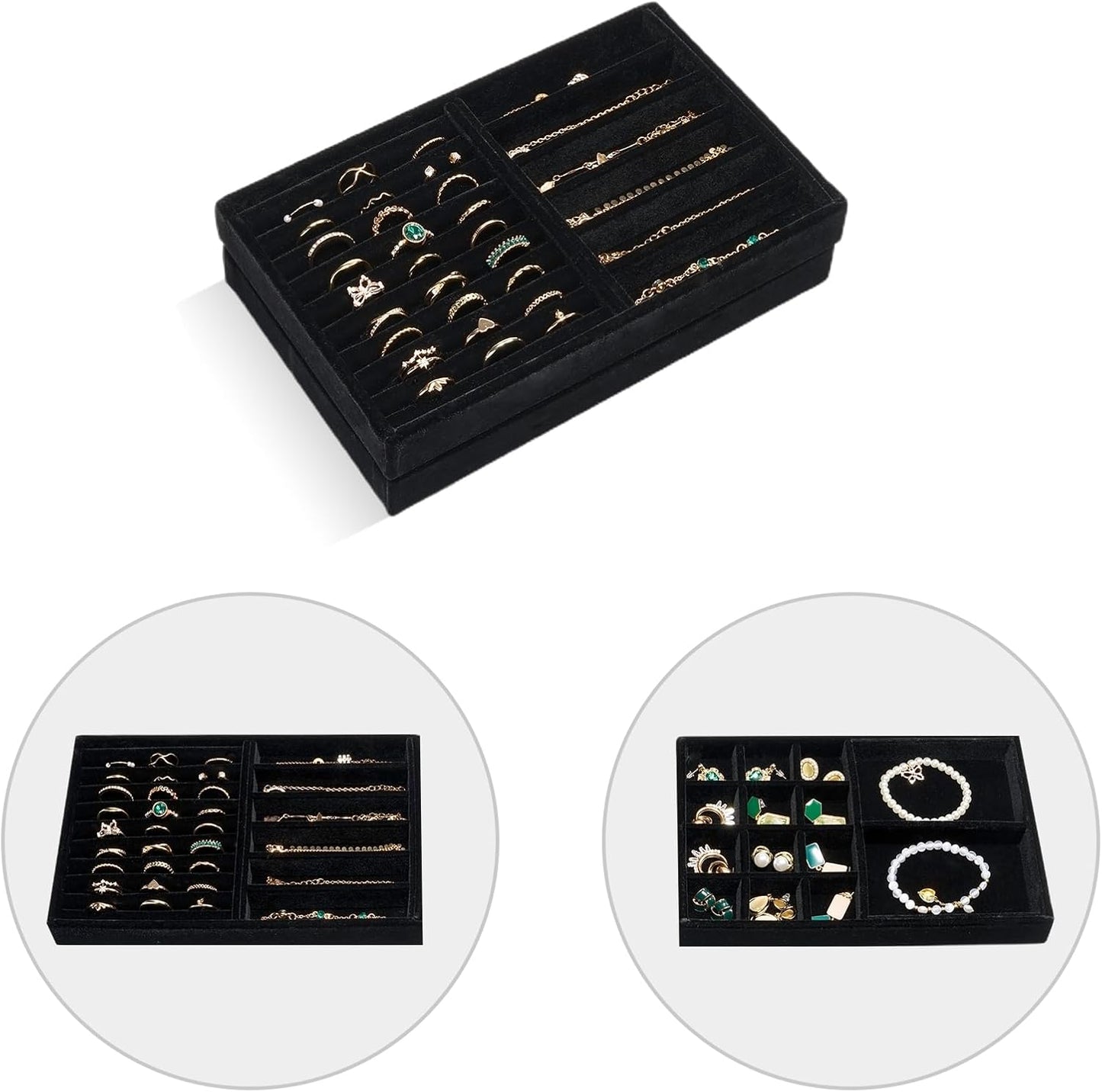 ProCase Stackable Jewelry Organizer Trays for Drawers, Jewelry Drawer Inserts Container Display Case Storage for Earring Necklace Rings Bracelet with Removable Dividers -Allblack, 2 Layers
