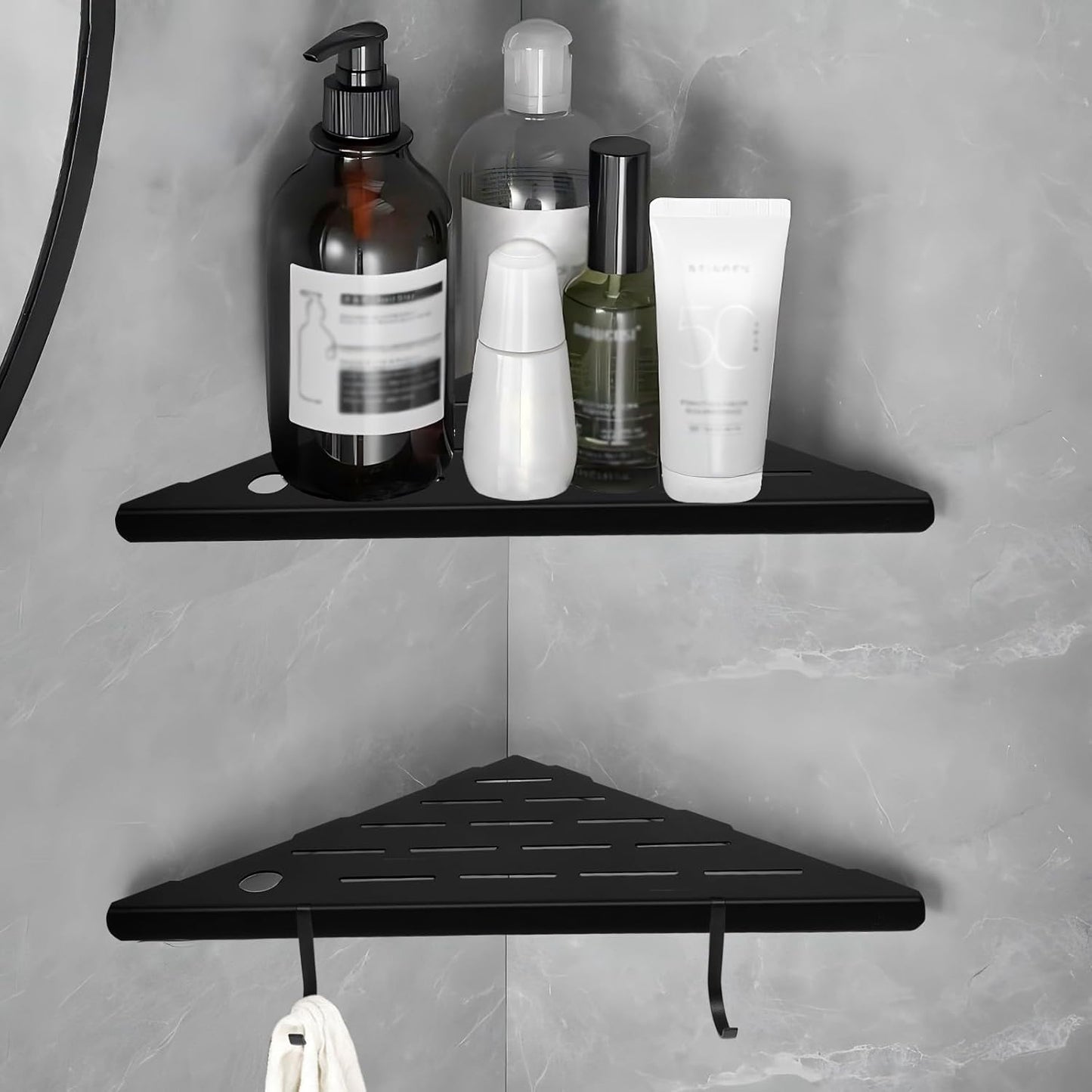 10" Corner Shower Shelves,Shower Corner Shelves Organizer Shelf for Tiled Wall 2 Packaging,SUS304 Stainless Steel Slot Design Tile Shower Shelves with 2 Hooks Matte Black