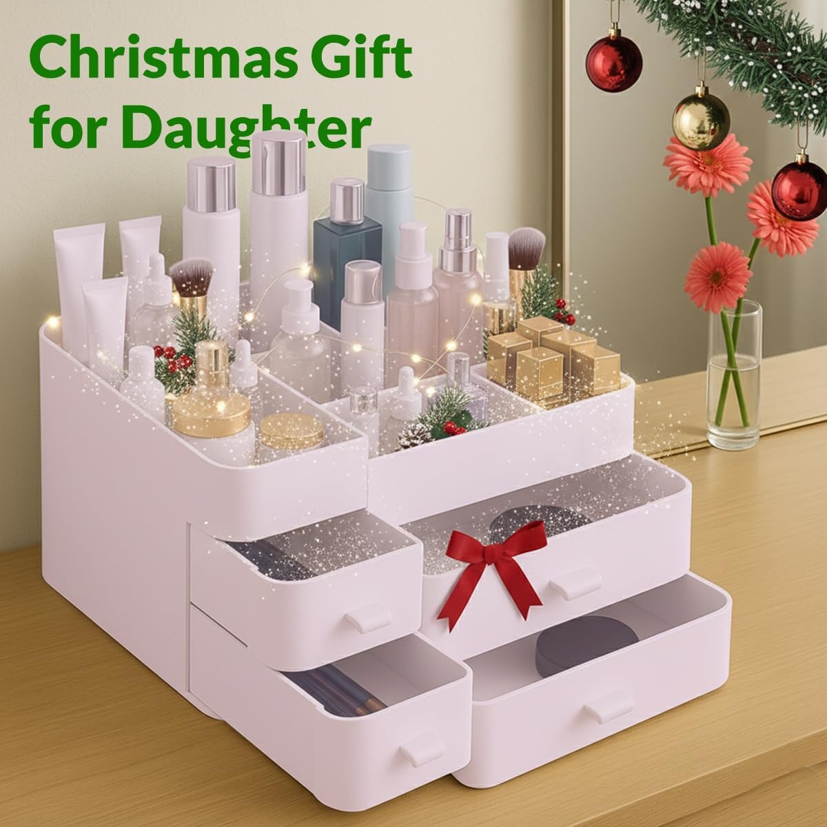 Makeup Organizer for Vanity – Large Cosmetic Storage Box with Drawers & Compartments for Brushes, Lipsticks, and Skincare – Bathroom Countertop Organizer for Women & Girls – Elegant White Design