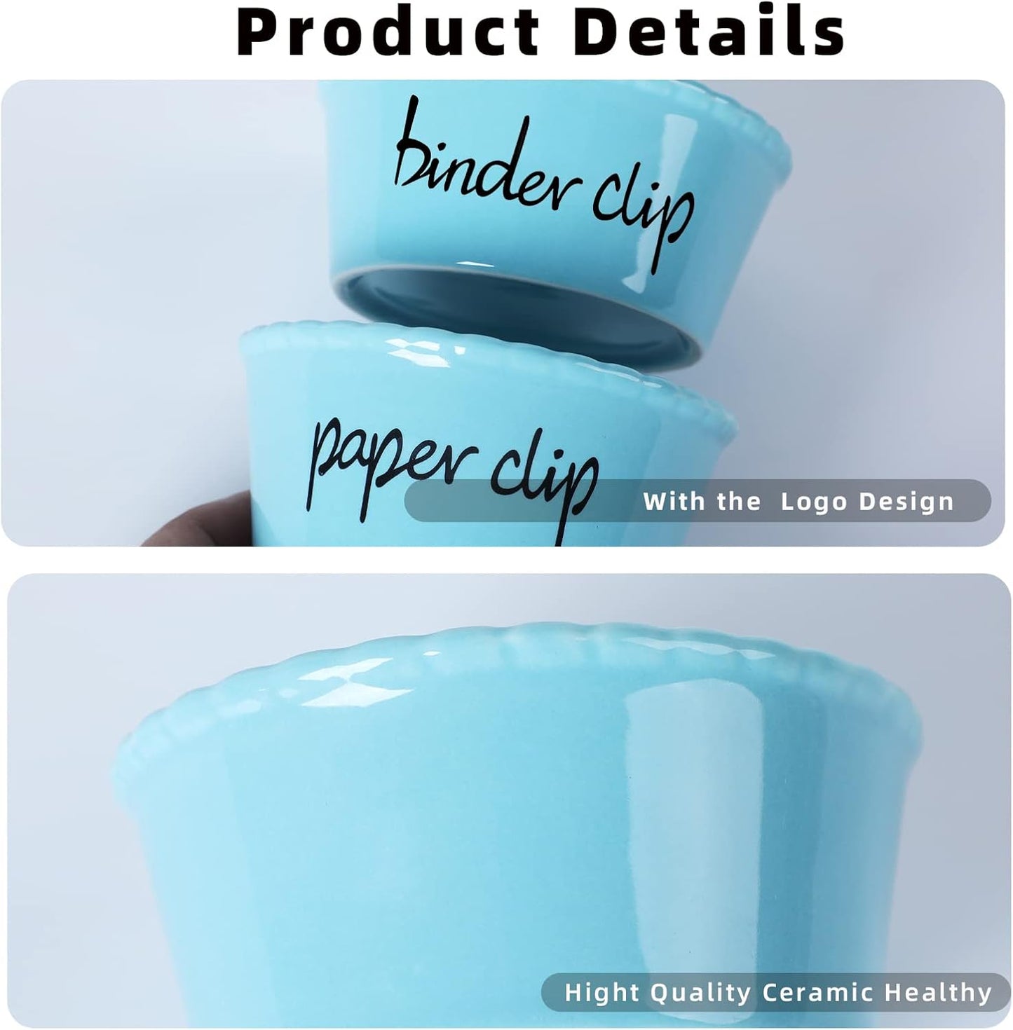 ONTUBE Ceramic Paper Clip Holder and Binder Clip Holder Set (Turquoise)