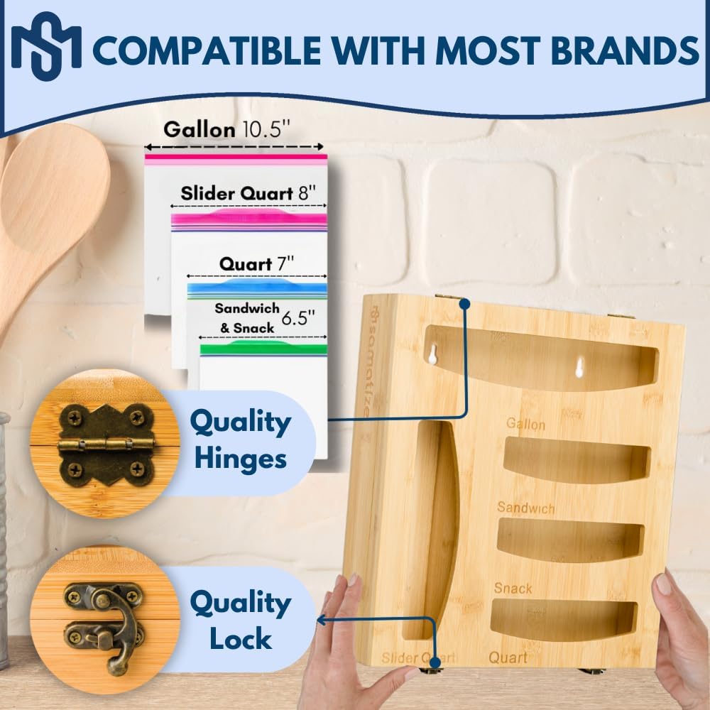 Storage Bag Holder, Baggie Organizer for Drawer or Wall Mount, Compatible with Gallon, Quart, Sandwich, Snack Size Bags, 1 Box 5 Slots, Bamboo Drawer Organizer, Baggie Holder