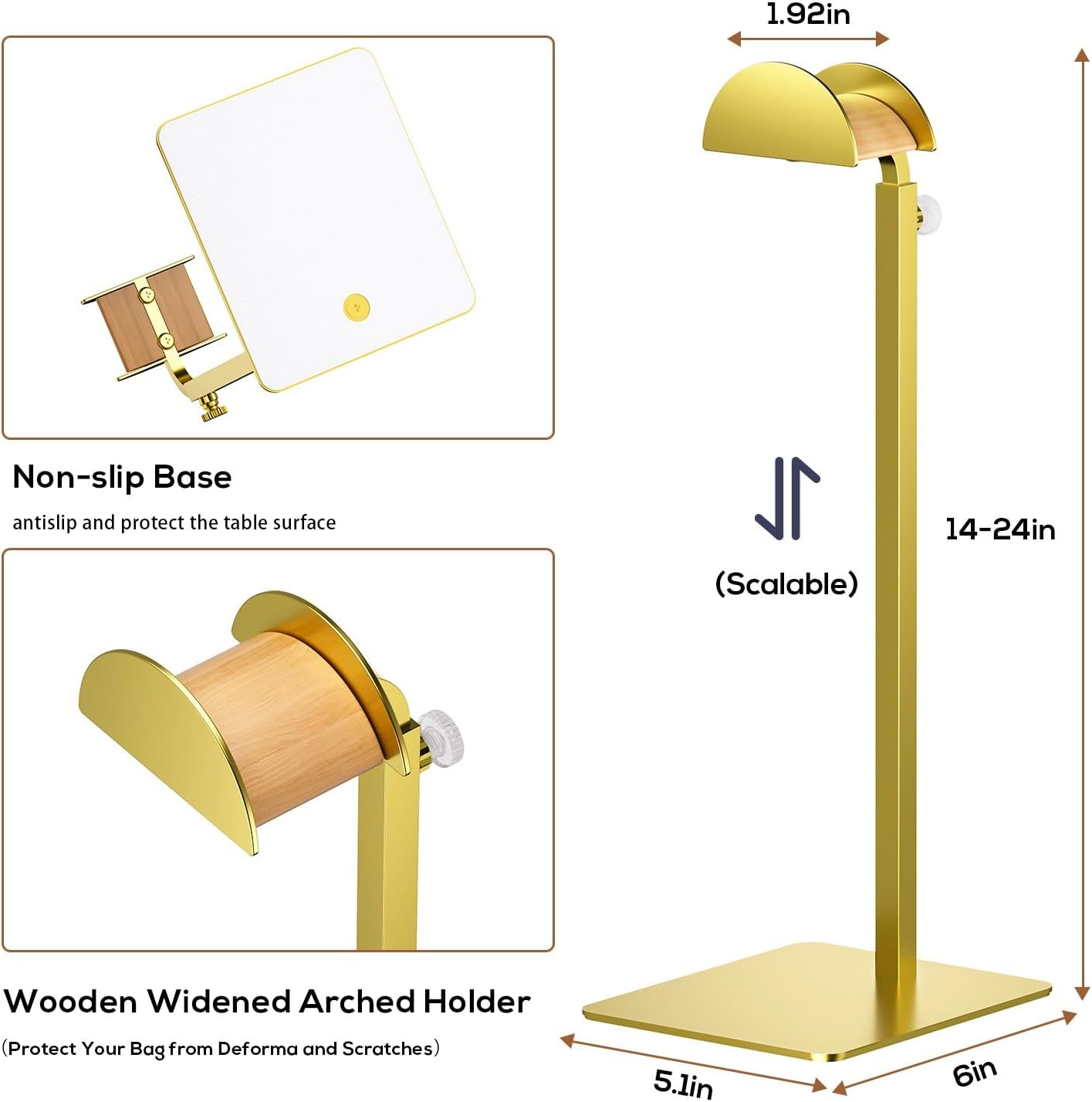 3 Pack Purse Display Stand, Handbag Purse Rack Stand Stainless Steel with Adjustable Height from 14.27" to 24" for Tabletop, Closet, Desk, and Retail Use - Metallic Gold