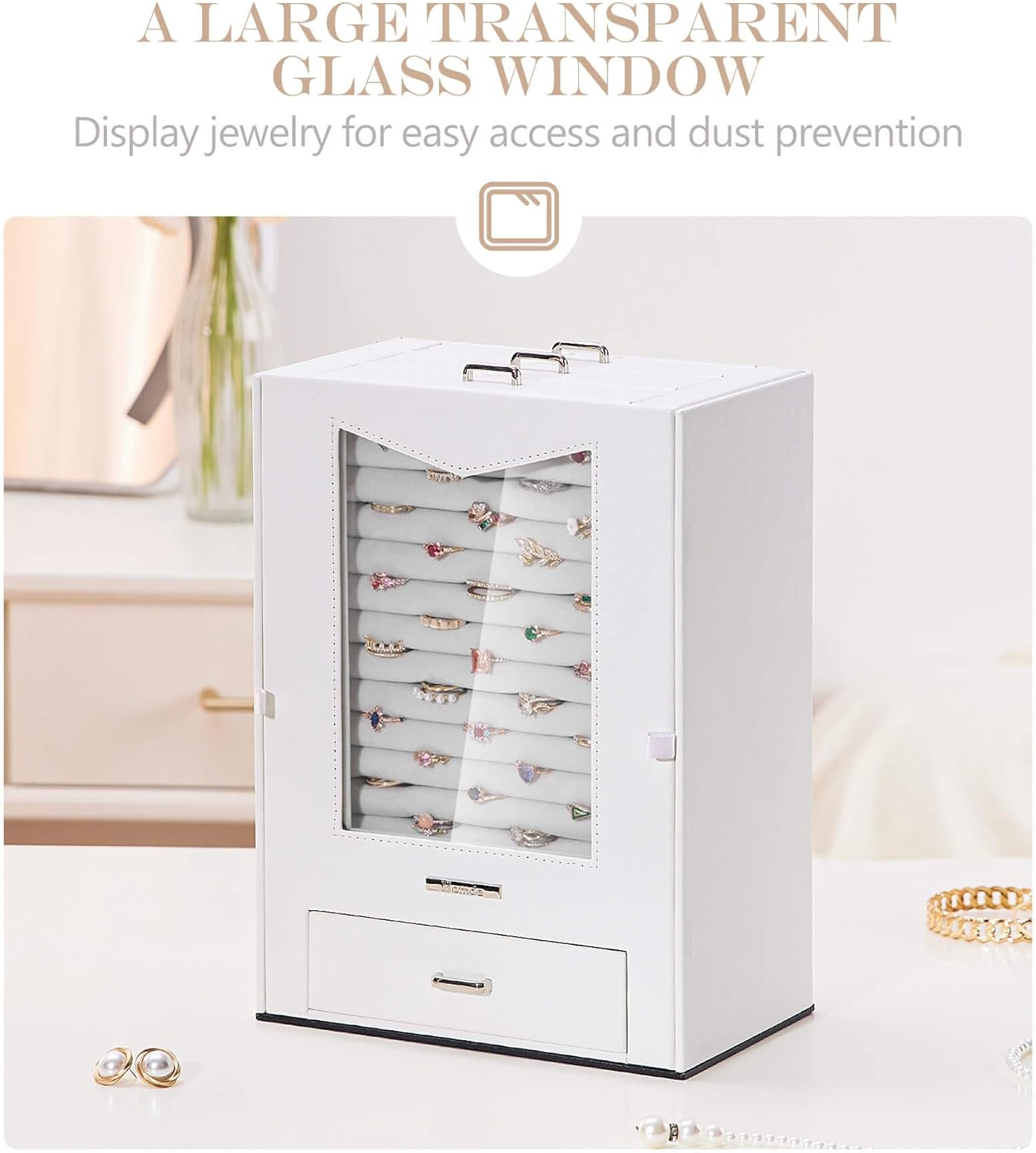 Homde Jewelry Organizer with Transparent Window Necklace Hooks Gift for Women Jewelry Box Display Case for Necklaces Rings Earrings Bracelets and Other Jewelry Accessories (White)
