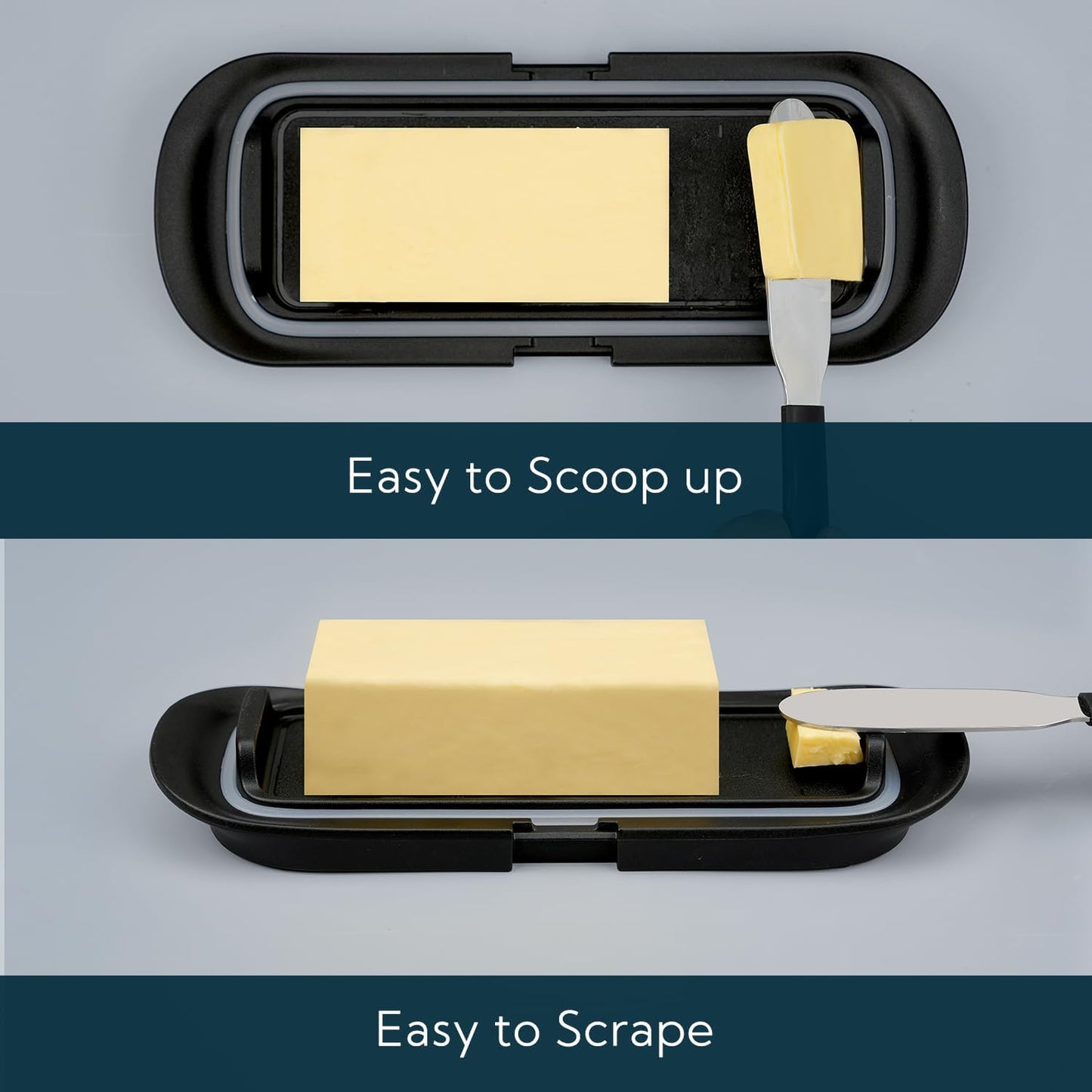 KITCHENDAO Airtight Butter Dish with Lid for Countertop and Refrigerator Door Shelf, Butter Holder with One Press to Open/Close Secure Latching Buckle, Butter Keeper for West/East Coast Butter (Black)