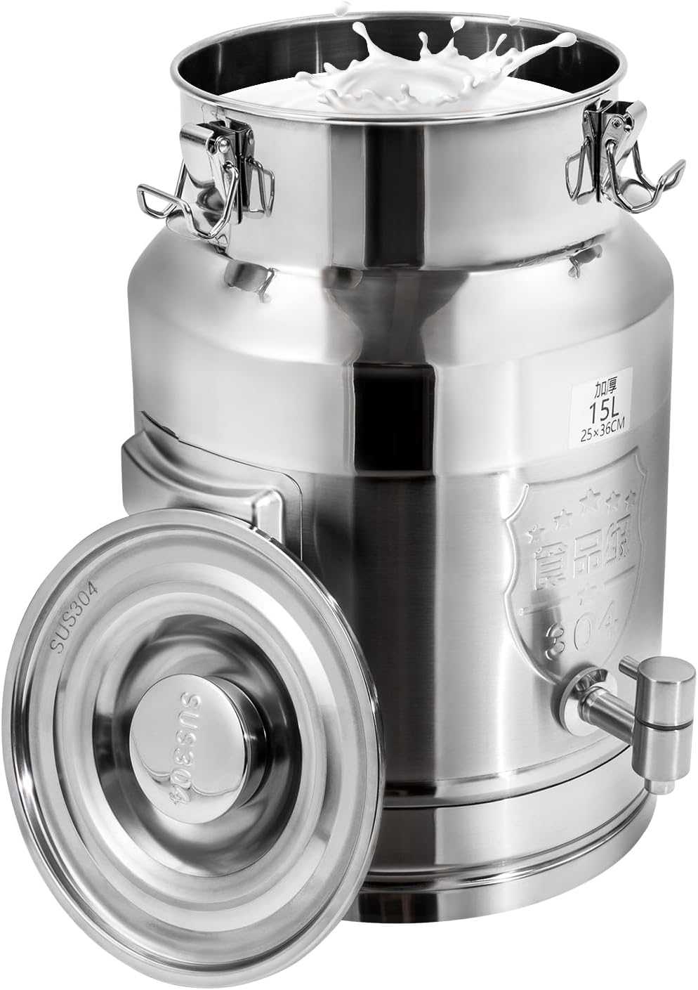 Milk Can Barrel Stainless Steel Beverage Drink Dispenser Large Capacity Storage Bucket Container with Faucet and Handles for Milk Coffee Wine Oil Rice Cereals Water (15L/3.96Gal)