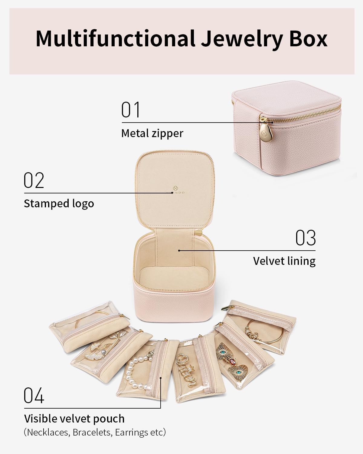Vlando Gifts for Teachers,Jewelry Box with 6 Velvet Jewelry Bags Travel Jewelry Storage for Women Girl Jewelry Organizer Necklace Rings Earrings Bags Gifts for Women(Pink)