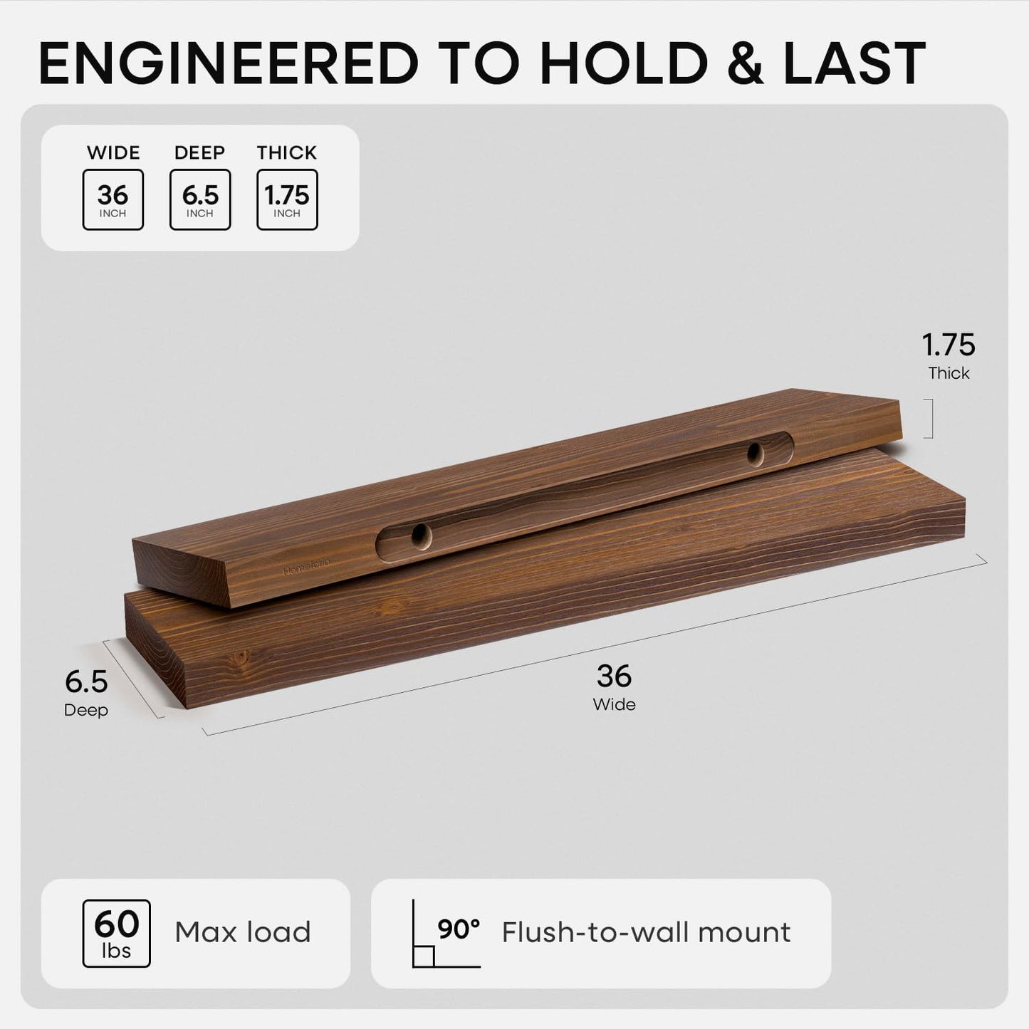 Homeforia Classic Walnut 36 inch Floating Shelf, High End Solid Real Wood Small 36inch Floating Shelves for Wall Mounted, 36in Floating Shelves, Heavy Duty Bracket, 36 X 6.5 X 1.75 inches, Set of 3