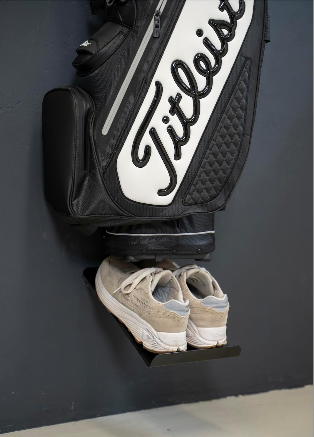 Wall Mount Golf Bag Stand for Storage, Golf Storage Organizer for Garage, Club Dock for Golfing Bag | Shoe Holder add-on | Black