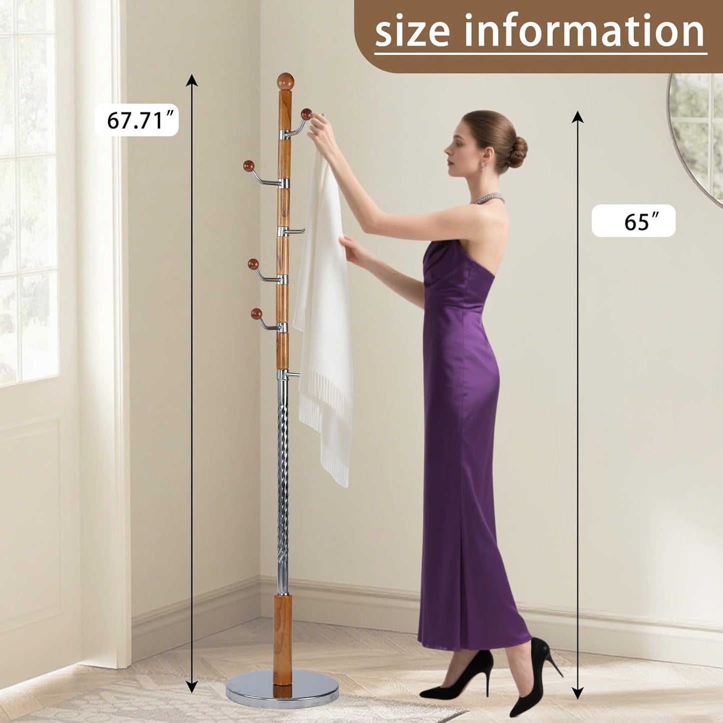 Solid Wooden Coat Rack Stand, Coat Racks Freestanding with 6 Hooks, Natural Birch Wood Coat stands with Sturdy Round Base, Tree Coat Hanger Standing for Entryway Bedroom Office (Cherry)