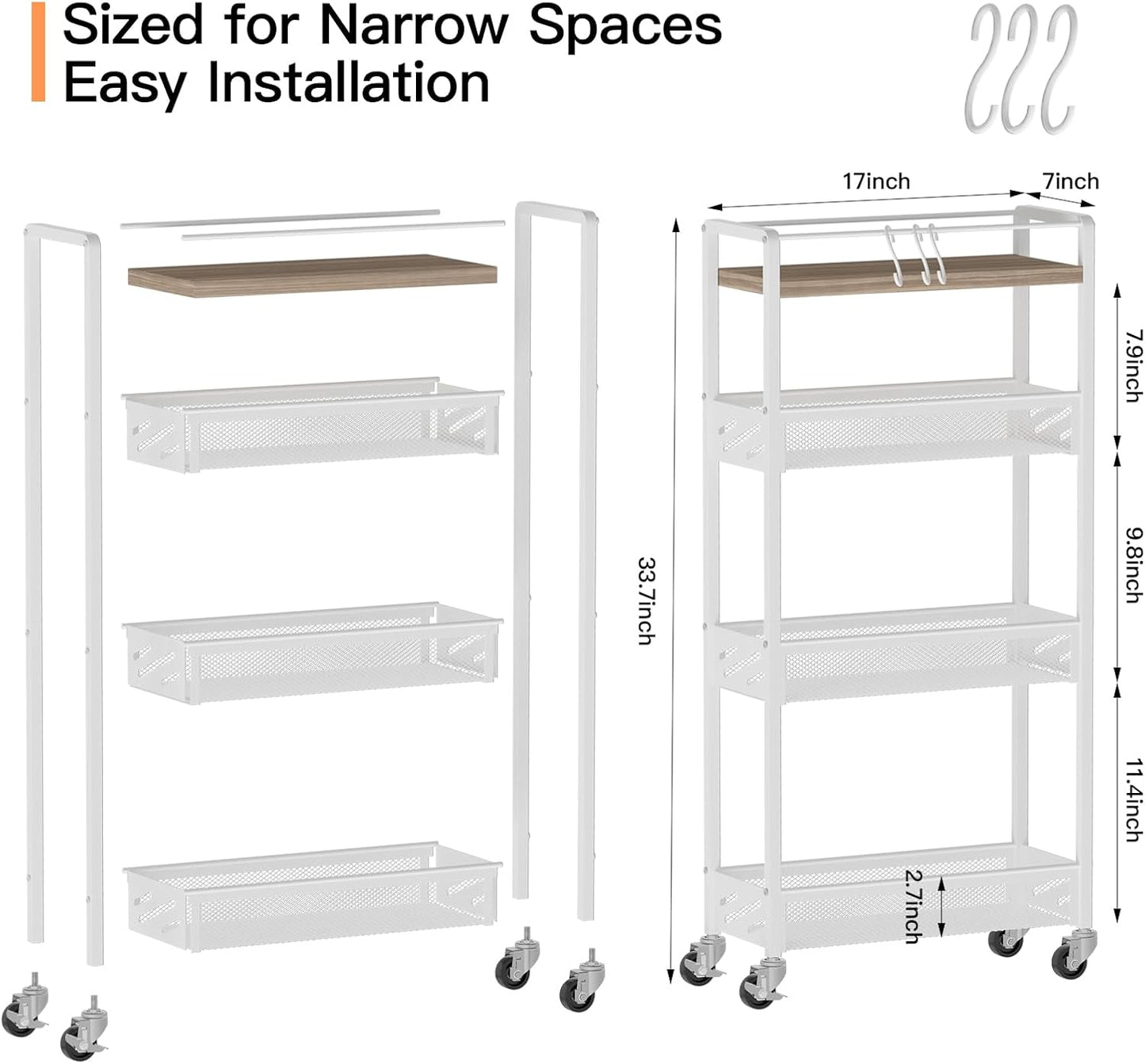 DGSNADGO Slim Rolling Storage Cart, 4-Tier Kitchen Cart on Wheels, Narrow Utility Cart with Handle and Wooden Tabletop for Small Space in Kitchen, Living Room, Bathroom, Laundry Room, Beige and White
