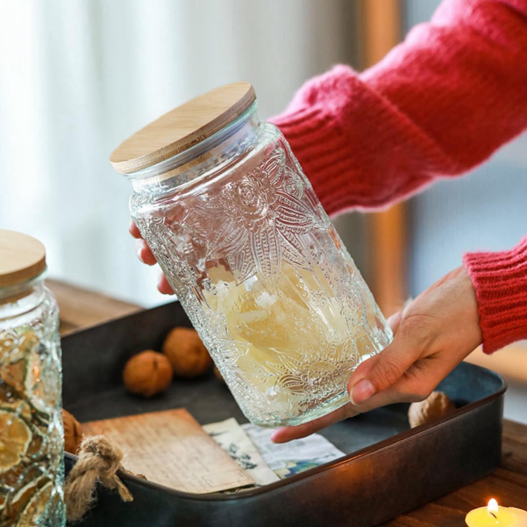 ANSQU Vintage Glass Canister, 34oz Candy Jar with Lid, Decorative Mason Jar for Home Kitchen Pantry, Cute Jar for Coffee, Tea, Candy, Cookie, Sugar