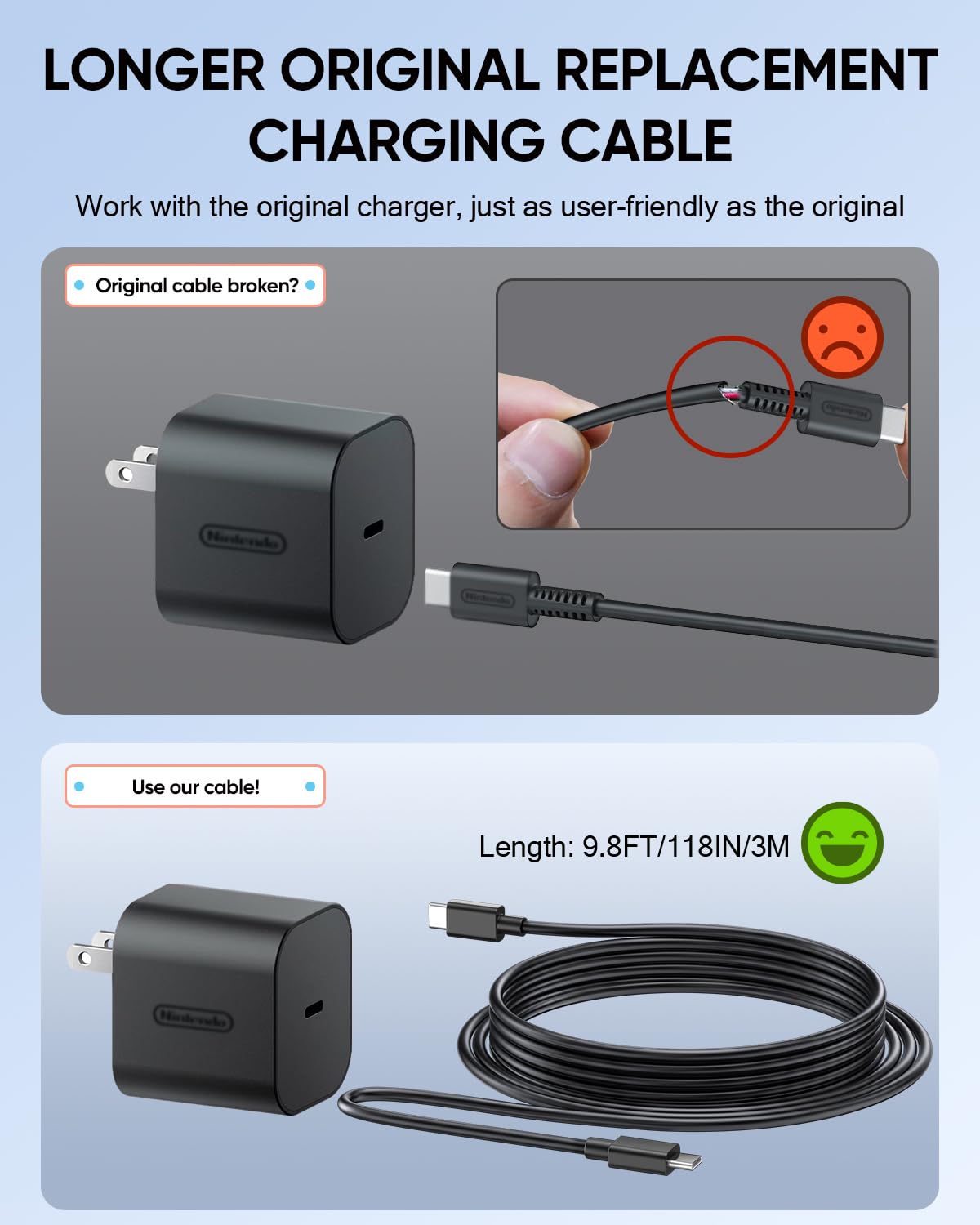 (9.8FT) Switch 2 Charging Cable - for Nintendo Switch 2 AC Power Adapter, 60W Switch 2 Charger Power Cord Extra Long , Support 4K TV Dock Mode [𝐀𝐂 𝐀𝐝𝐚𝐩𝐭𝐞𝐫 𝐂𝐨𝐫𝐝 𝐑𝐞𝐩𝐥𝐚𝐜𝐞𝐦𝐞𝐧𝐭]
