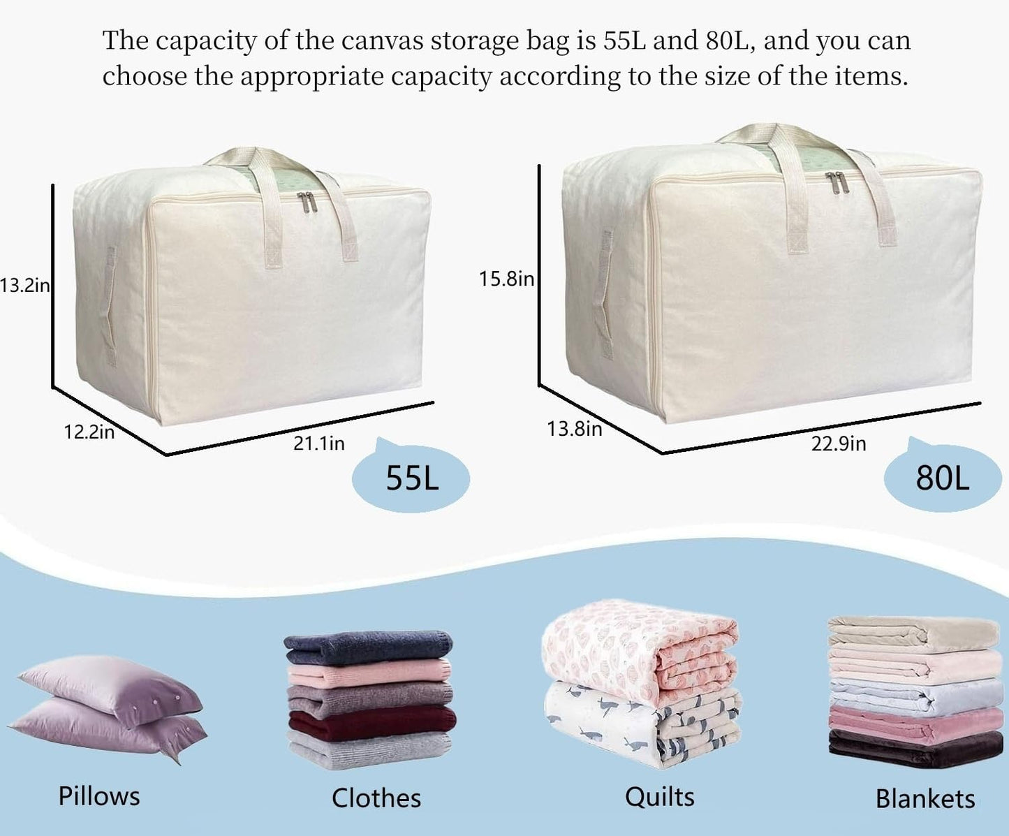 Soft Canvas Clothes Storage Bags with Four Carrying Handles and Clear Window, Closet Organizer for Clothing, Blankets Sheets Pillows and Bedding, 55L, 4 Pack, White