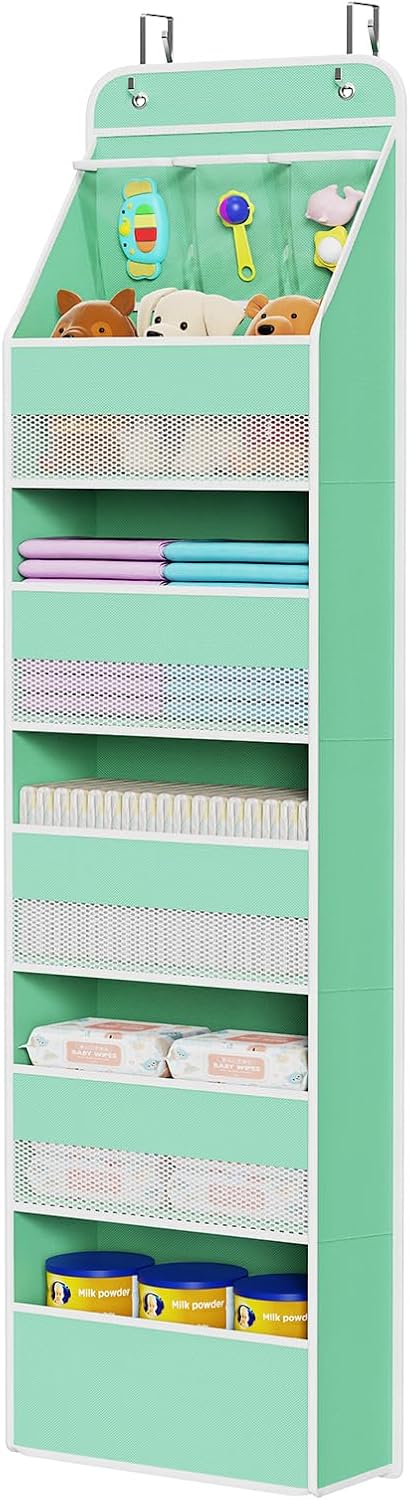 Univivi 6-Shelf Over Door Hanging Organizer Fabric Baby Door Storage with 5 Large Pockets and 3 Small PVC Pockets Wall Mount Hanging Storage Organizers for Baby Essential (Green)
