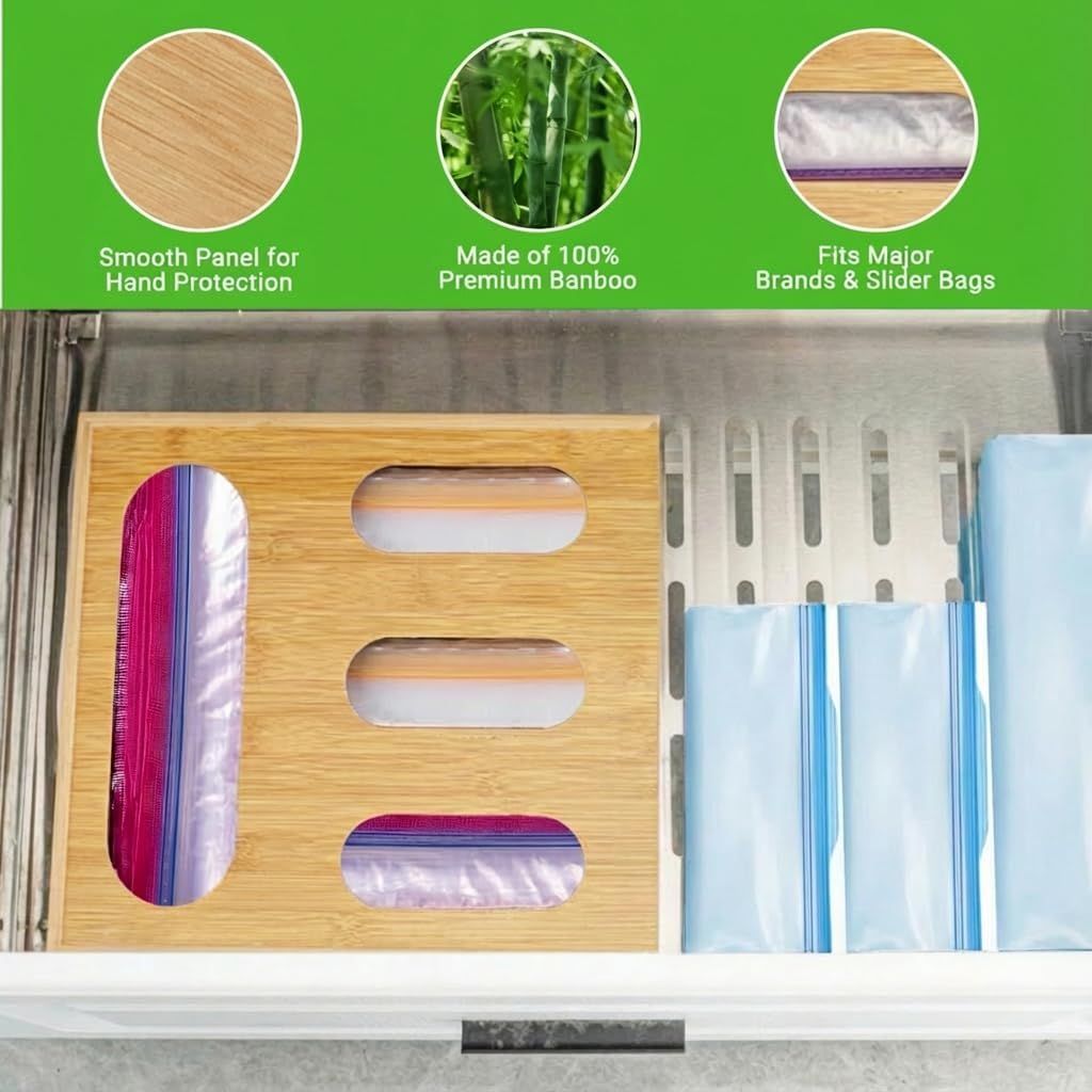 Storage Bag Organizer, Bamboo Ziplock Holder Baggie Organizer for Drawer and Wall Mount, Compatible with Gallon, Quart, Sandwich, Snack,DessertSize Bag (1)