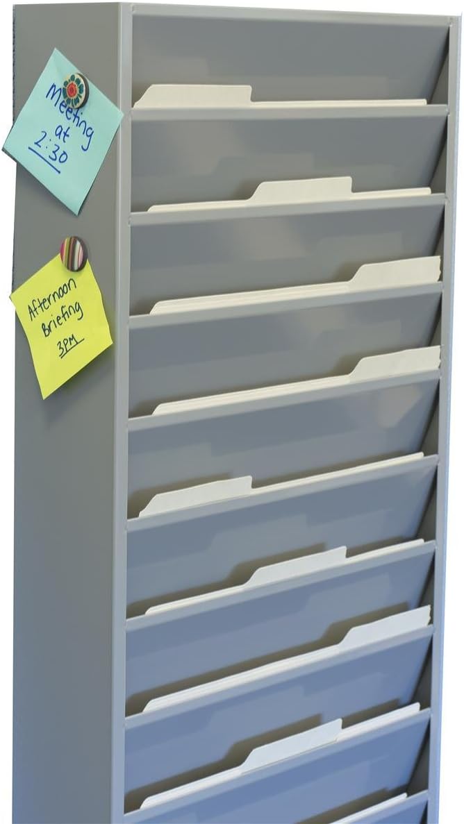 Displays2go Office File Folder Wall Rack, 11 Tiered Pockets, Medical Chart Folders (Gray Powder Coated Steel)