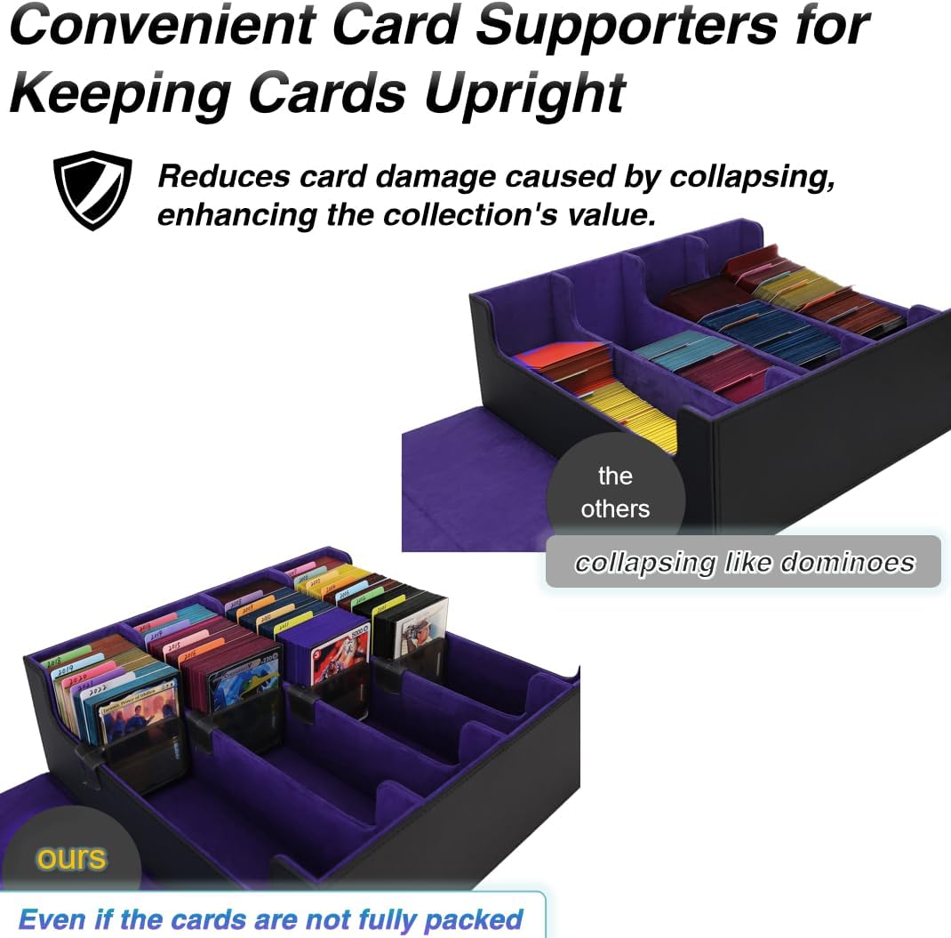 Venssu Card Storage Box For Trading Cards With Dedicated Card Supporters,3000+ Mtg Deck Box With 24 Colorful Divider Tabs,Trading Card Storage Fits For Magic Game Cards (Black and Purple)