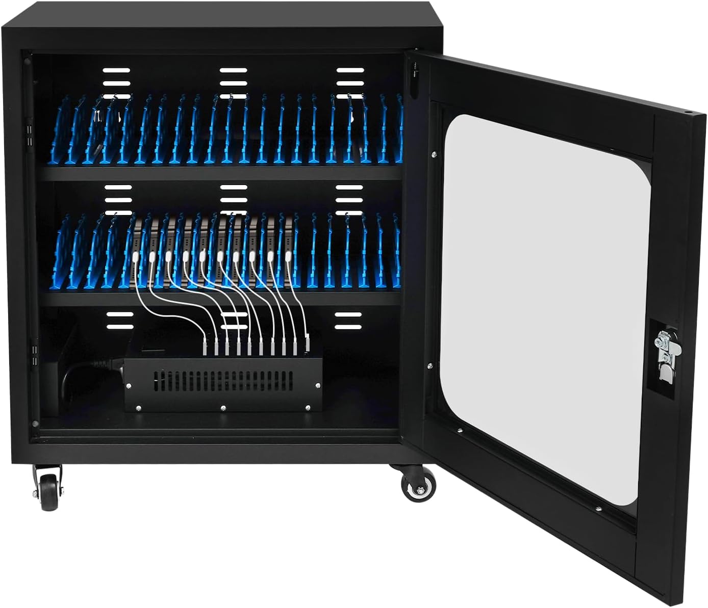 Mobile Phone Charging Cabinet 40-Port Charge Station with 4 Universal Wheels (2 Brakes) & Visible Door 40 Device Charging Cart Mobile Charge Station for Cell Phones Less Than 8'' In Size(Black)