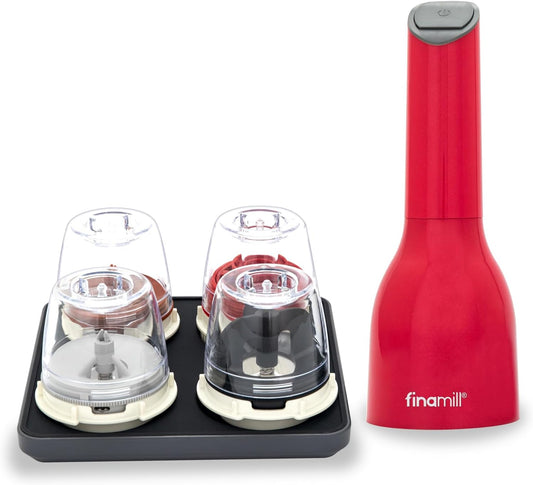 FinaMill Ultimate Gift Set – Battery Operated Spice Mill with 4 Interchangeable Spice Pods & Slate Quartet Stackable Tray, Adjustable Coarseness, Ceramic Grinder, LED Light, Kitchen Gifts for Women