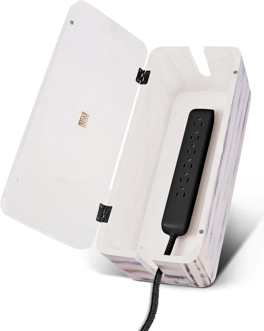 Rustic Cable Management Box & Cord Organizer- Cable Organizer for Desk, Home, Office. Hides Wires, Surge Protectors, Power Strips. Eco Friendly Mango Wood Cord Management Solution (Rustic White)