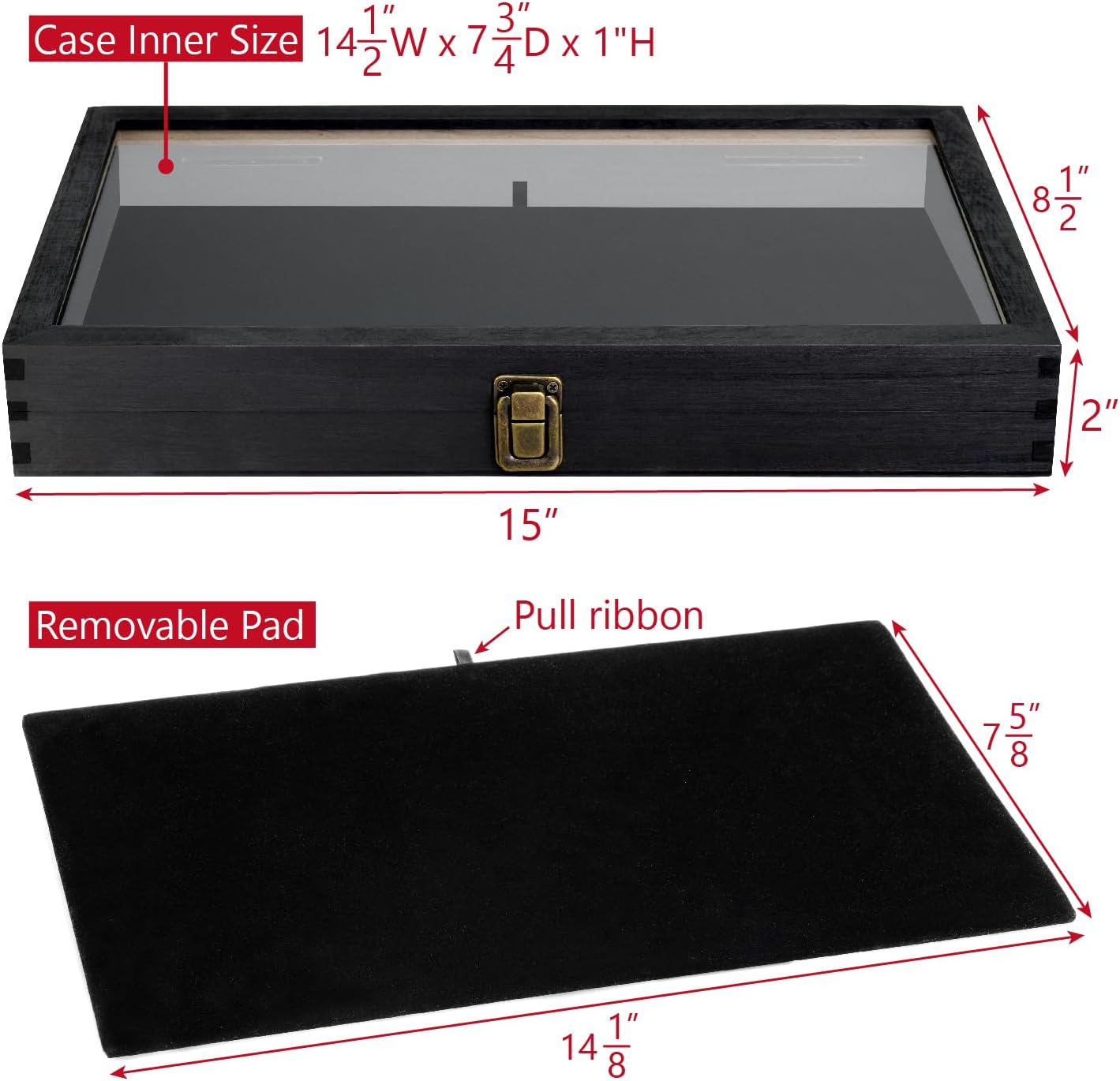MOOCA Wooden Jewelry Display Case, Pocket Knife Display Case with Tempered Glass Top Lid and Removable Black Luxurious MDF Velvet Jewelry Pad, Black Color