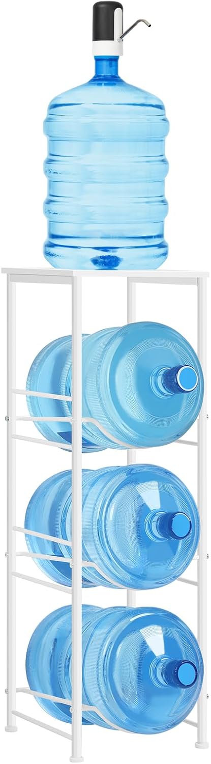 OYEAL 5 Gallon Water Bottle Jug Holder 3-Tier Water Bottle Holder Organizer with Top Shelf, Heavy Duty Water Dispenser Stand Rack for Kitchen Living Room Office, White