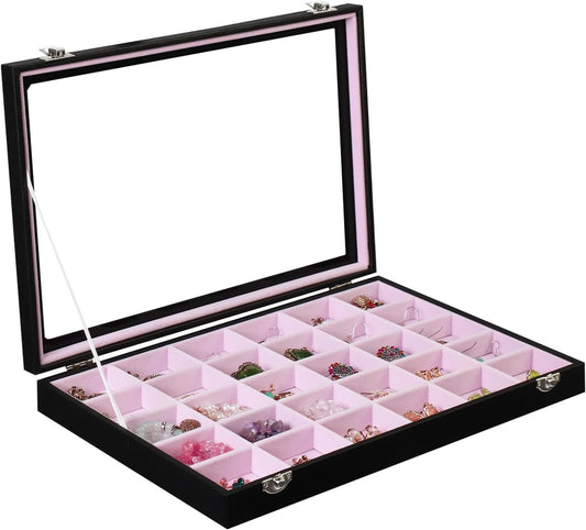 Stratalife Jewelry Organizer Earring Holder Jewelry Tray with Lid Earring Storage Drawer Organizer Earring Ring Storage for Women 30 Grid (Pink Black)