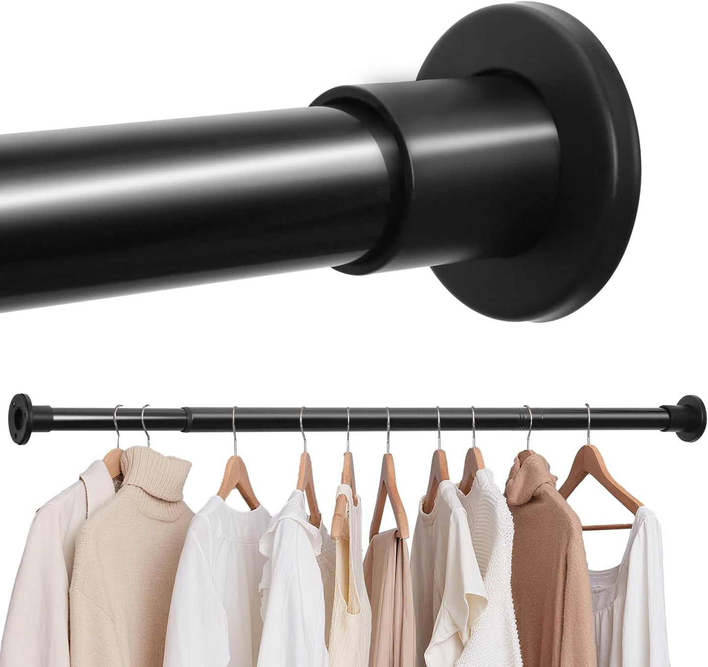 Black Adjustable Closet Rod 18-63 Inches, Heavy Duty Metal Clothes Hanging Rod, Rust-Proof Non-Slip Wardrobe Bar for Closet, Laundry Room, RV