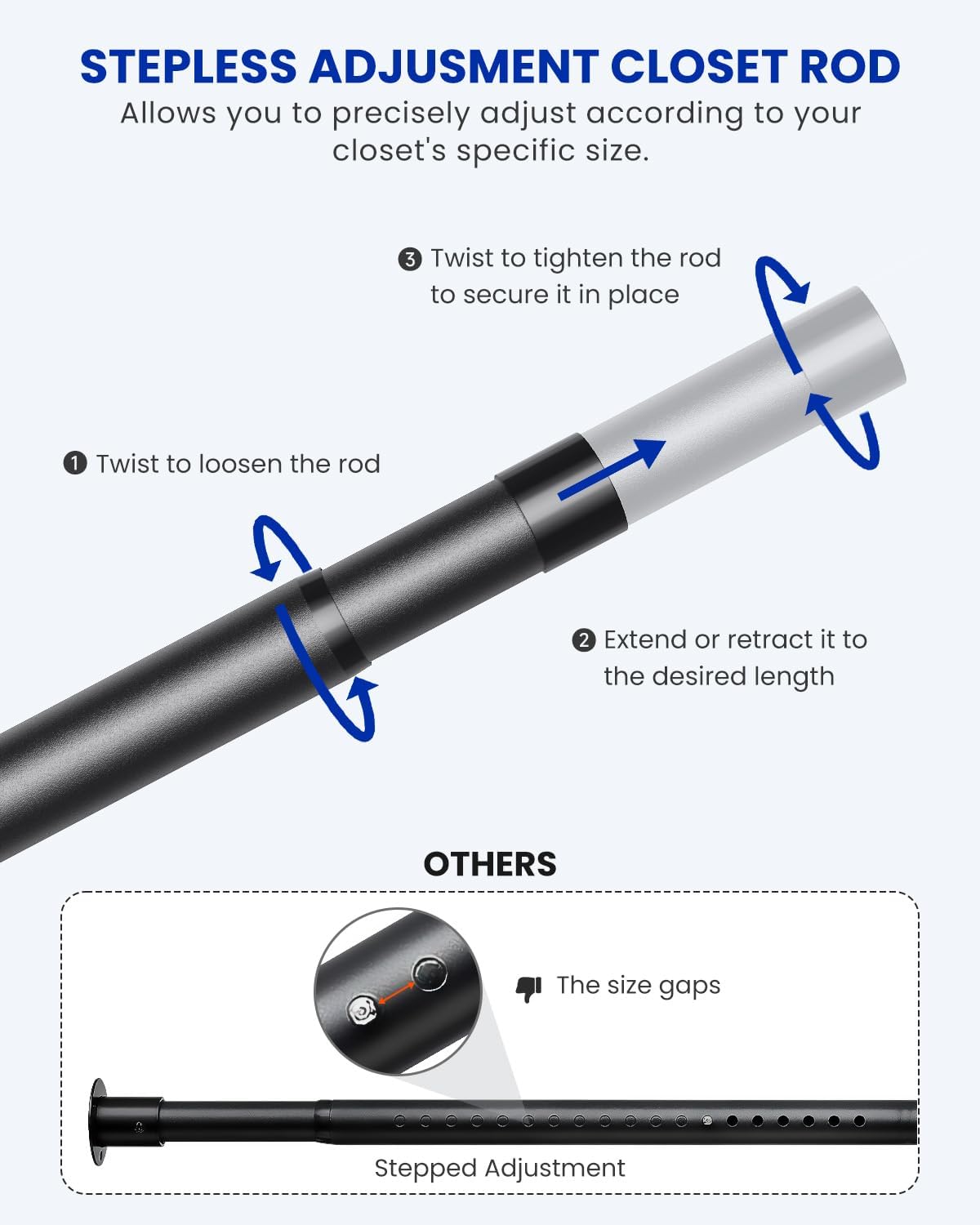2 PACK Closet Rods for Hanging Clothes, 17 to 28 Inches Stepless Adjustable Metal Closet Rod, 1.3 Inches Heavy Duty Clothes Hanging Rod for Closet Wardrobes Laundry RV, Black