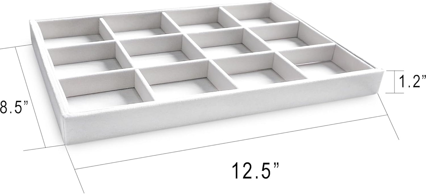 Frebeauty Stackable Velvet Jewelry Organizer Trays for Drawers Inserts Jewelry Storage Tray Display Case, Stud Earrings Bracelets Necklace Rings Accessories Trays for Women(Set of 2)(White)